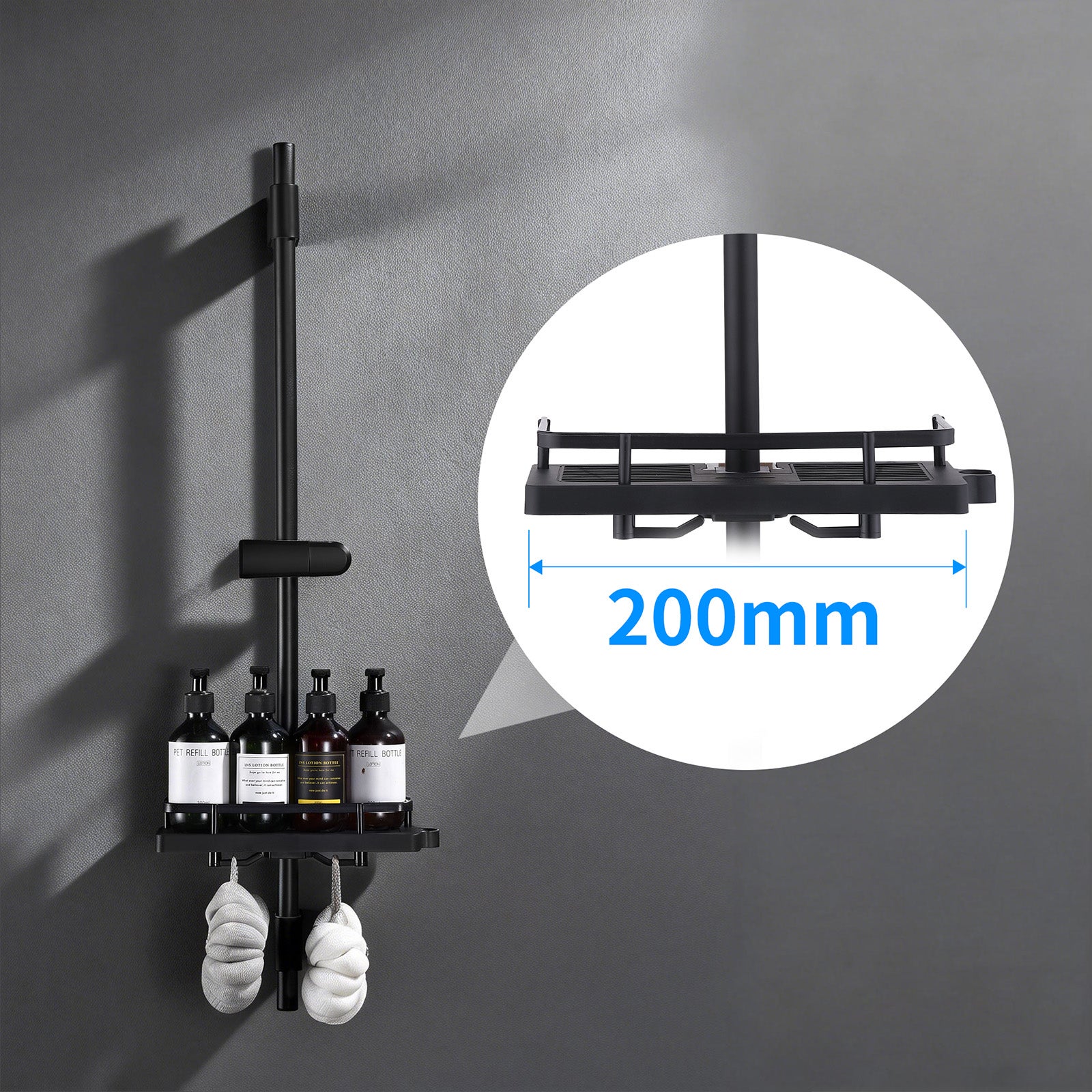 Barre de Douche Noir Réglable 900 mm avec Étagère Coulissante Intégrée, Support Ajustable Sans Perçage Supplémentaire, en Acier Inoxydable - 4