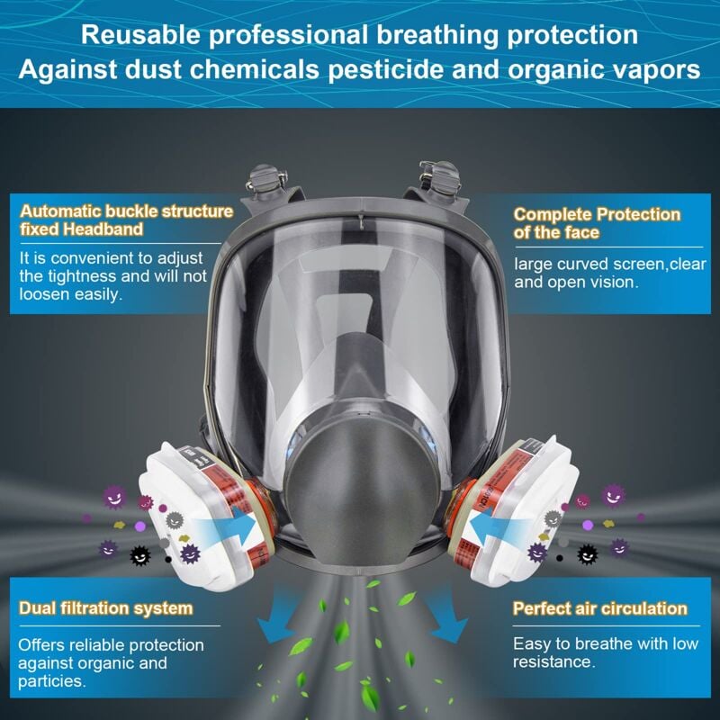 Masque de protection respiratoire intégral réutilisable – Filtration au charbon actif – Confort ergonomique – Idéal pour peinture,soudure,polissage - 3