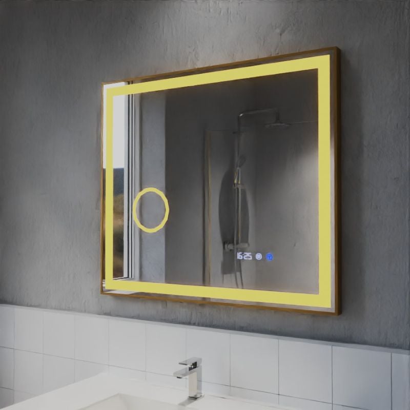 Miroir LED cadre doré cuivré CARA 80 cm x 70 cm - antibuée, horloge et loupe - 3