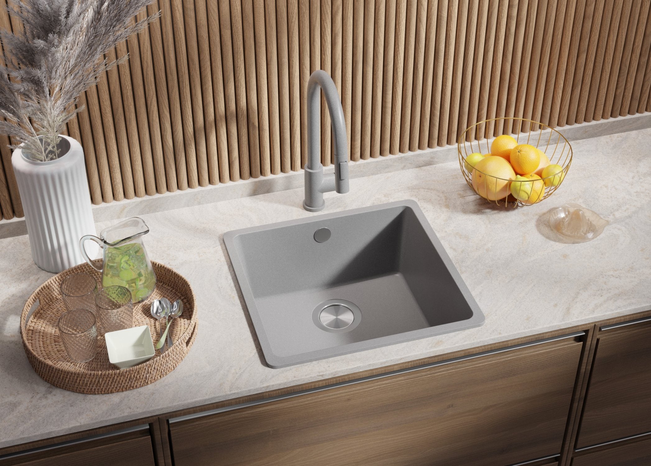 Evier Cuisine en Granit Gris 46x44cm, Lavabo 1 bac + Kit de Vidage, Évier à Encastrer au meuble 50cm - Venise Slim Easy PRIMAGRAN - 2