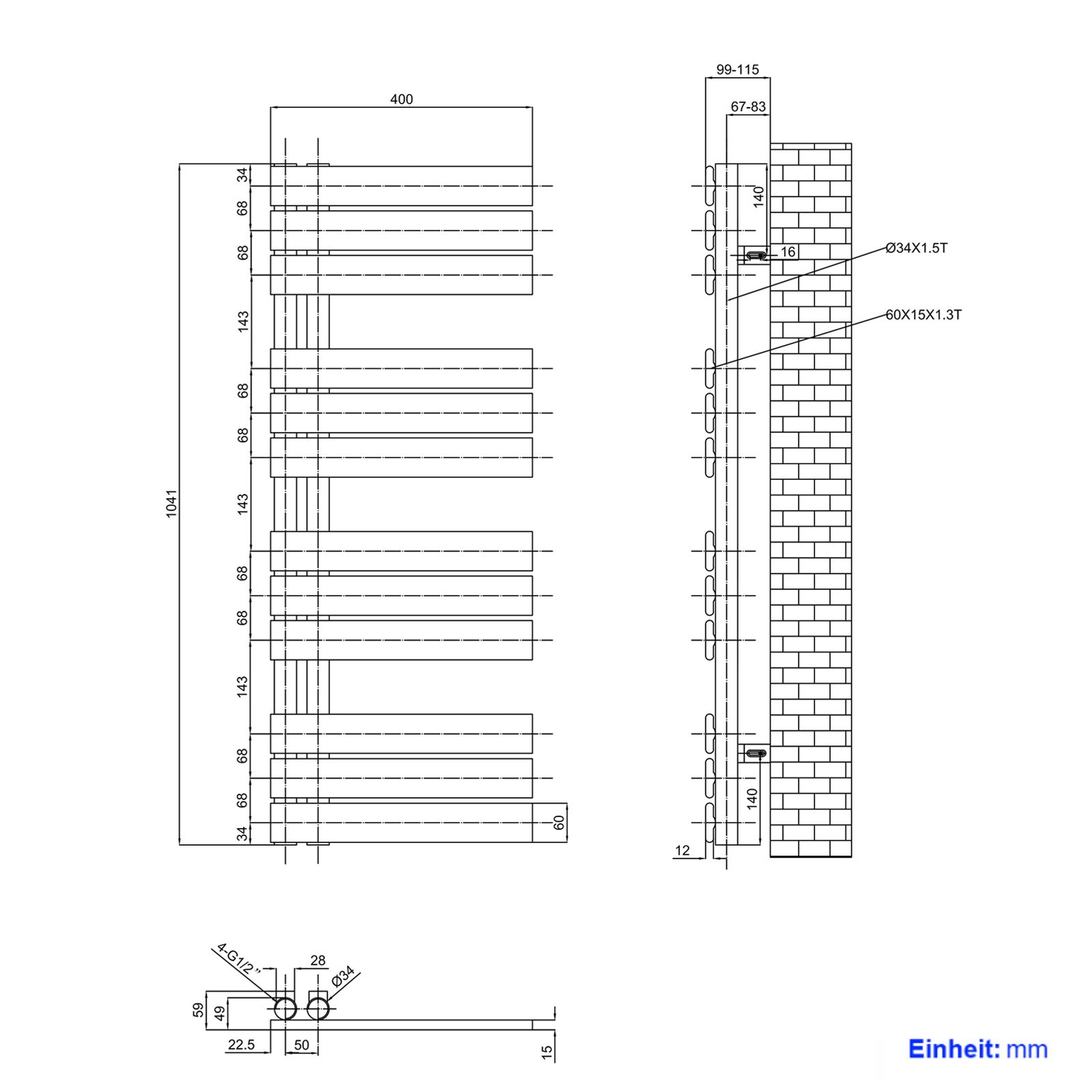 EMKE Grzejnik Łazienkowy 456W, 104,1x40 cm, 4 bar, do 5 m² – Czarny - 5