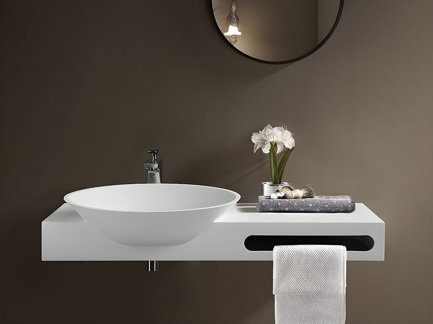 Lavabo suspendido con encimera de solid surface con toallero - blanco - ancho 100 x prof. 54 x alt. 20 cm - yumiko
