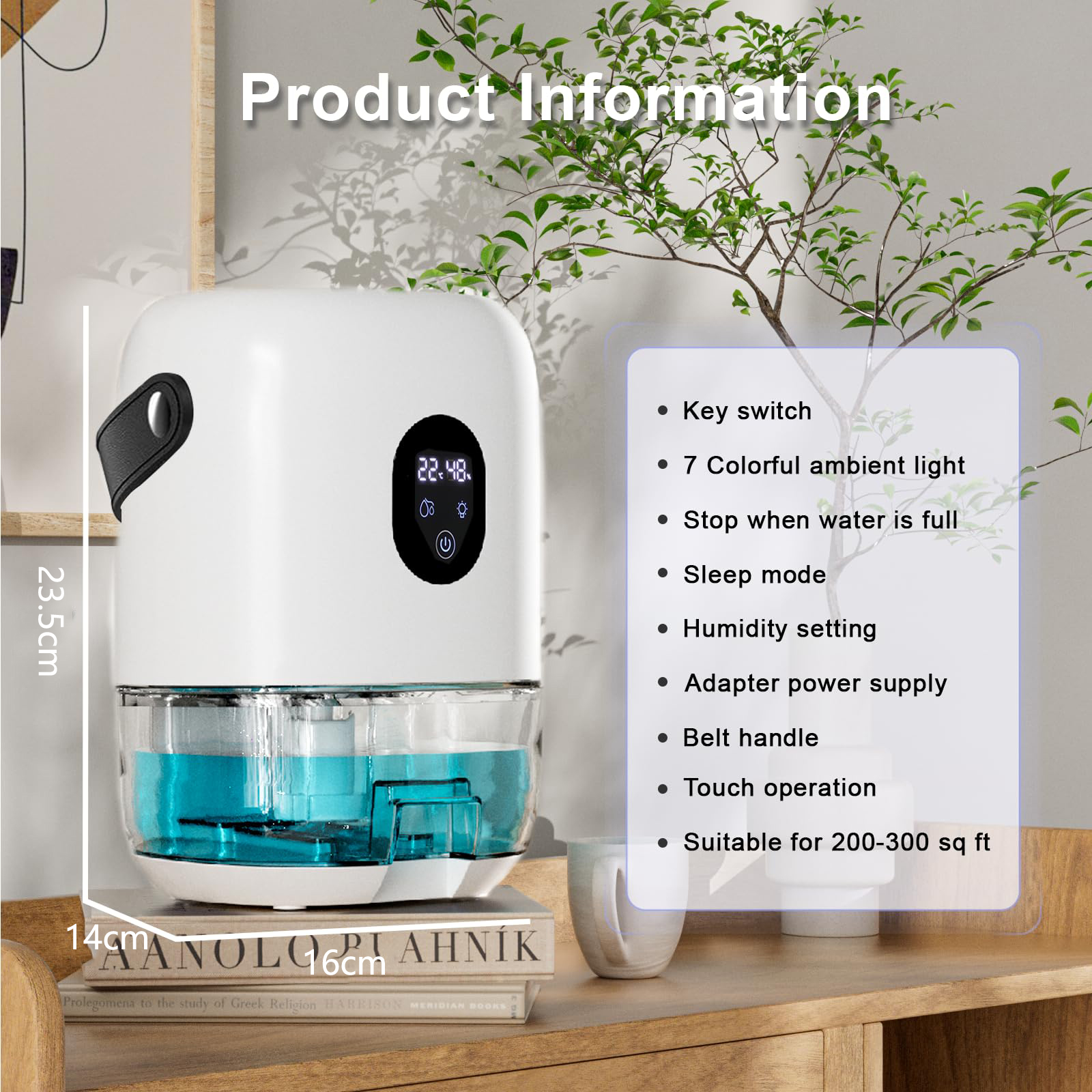 Gerbala Deumidificatore Casa, 2L Deumidificatori Portatile Con Luce Ambientale A 7 Colori E Spegnimento Auto Basso Deumidificatore Elettrico Silenzioso Per Camera, Bagno, Ufficio (Bianco