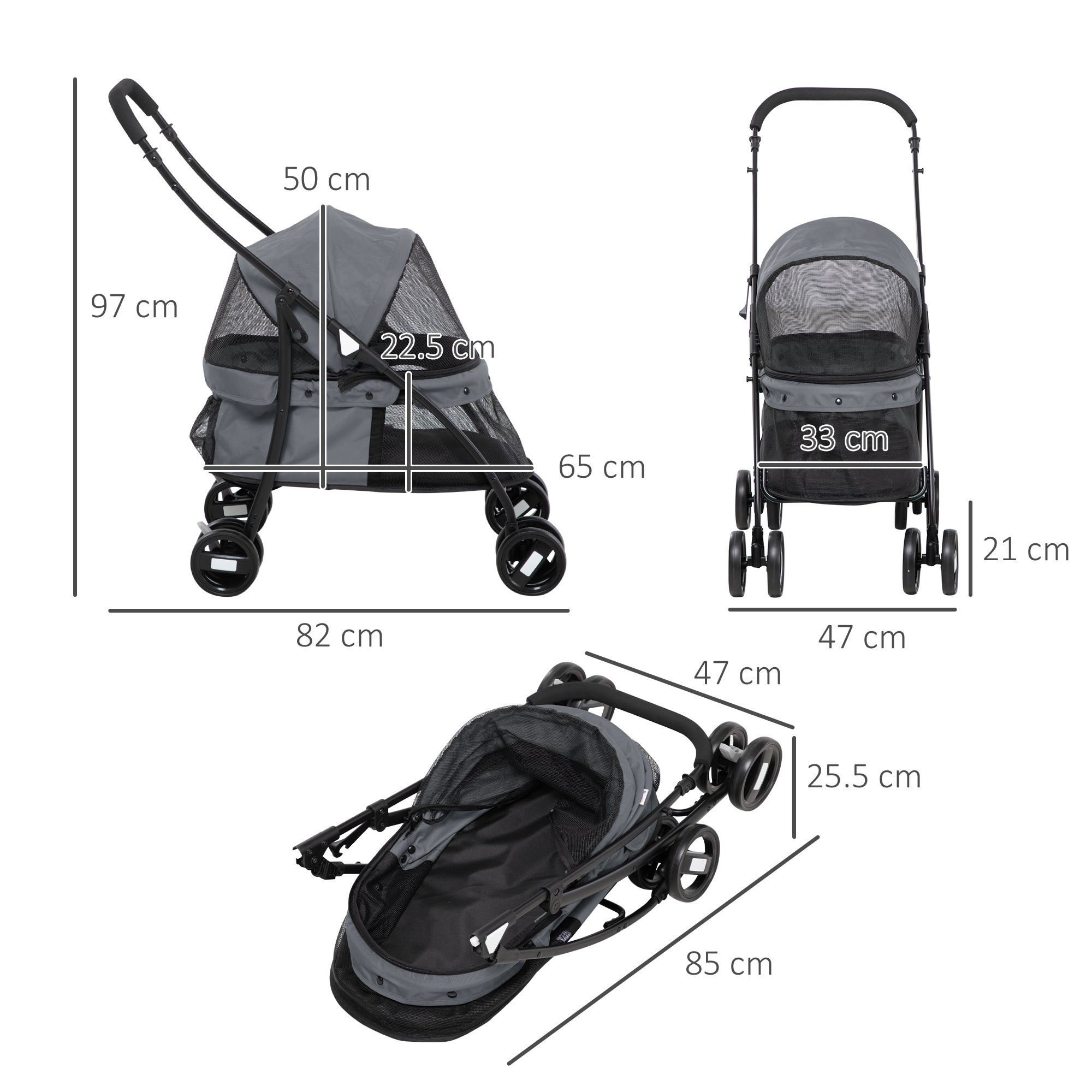 Carrinho cão dobrável teto ajustável bolsa 2 guias 82x47x97cm cinza - 5