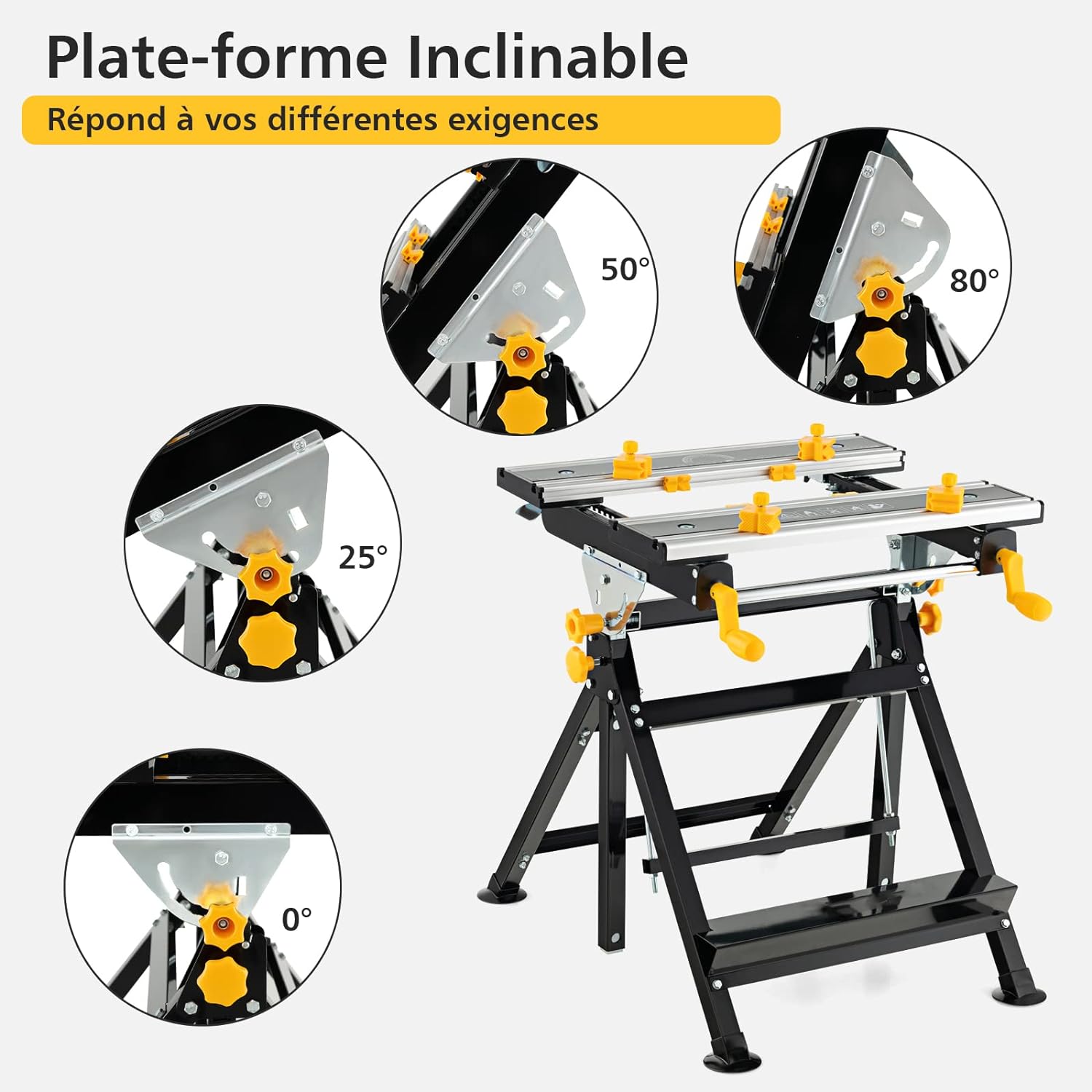 Établi Pliable avec Plate-Forme Inclinable 7 Hauteurs réglables, Support de Scie Garage Cadre en Alu avec 2 Poignées de Serrage - 7