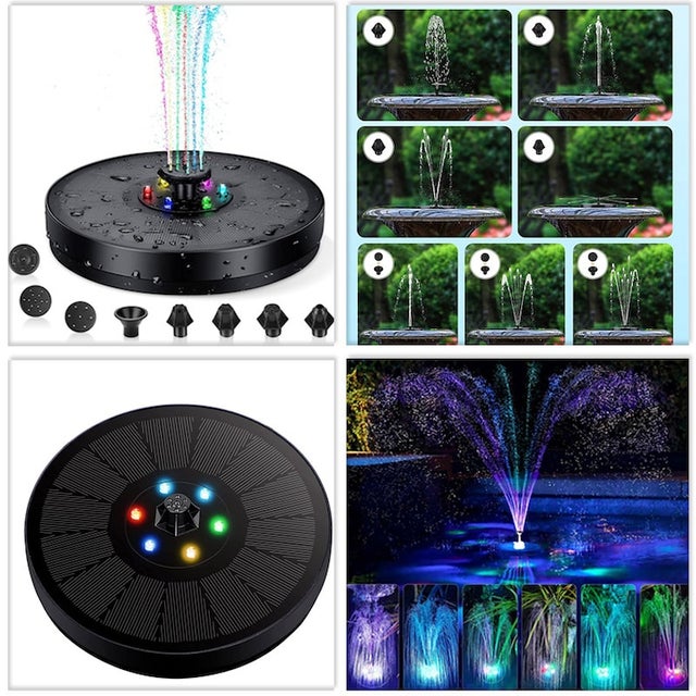 Fontaine solaire de jardin flottante 3W, 8 modes de jet, LED colorées, batterie intégrée, protection pompe, fixation renforcée