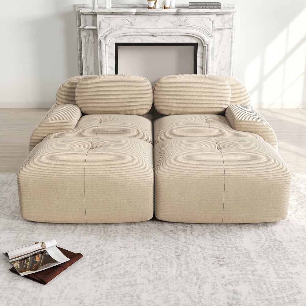 Sofa 2-osobowa modułowa, sztruksowa, z szezlongiem, tapicerka wysokoelastyczna, beżowa