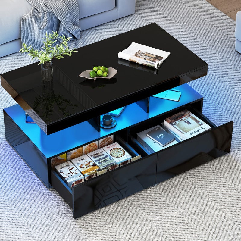 Table Basse avec Lumières LED, Table Basse Salon avec 2 Tiroirs et Compartiment Ouvert, Table de Salon, Bureau,104x53x46 cm, Noir - 2