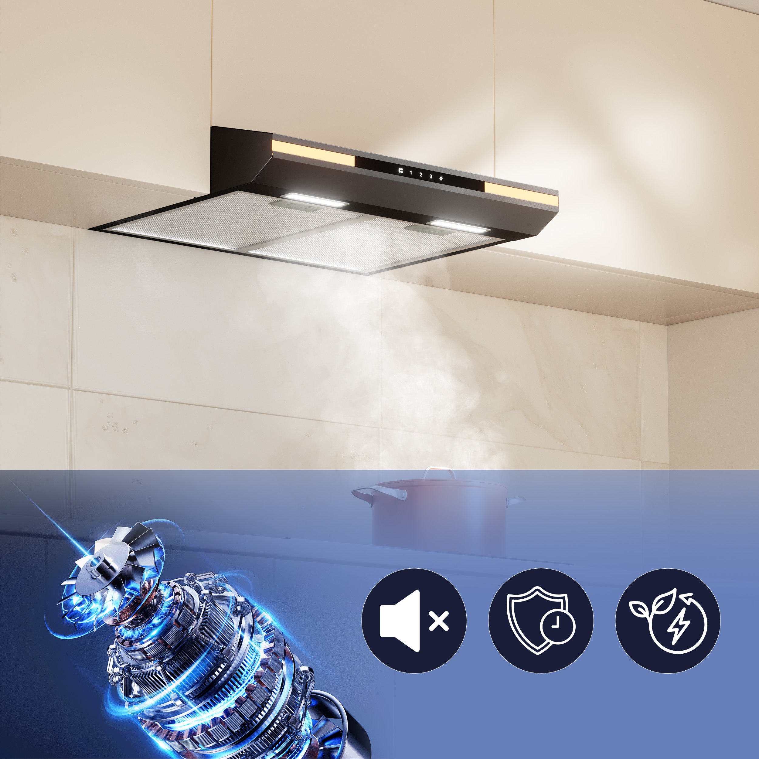 CIARRA Hotte casquette 60cm 320m³/h A+ 3 Vitesses Touche Tactile LED Affichage Recyclage et Évacuation Noir CD6921B - 5