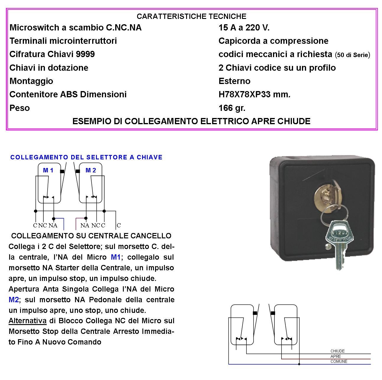 Interruttore Elettrico Ritorno a Molla 2 Chiavi 3 Posizioni Apre Stop Chiude 2 Microswitch Contatti 15 A Isolamento 250 V Apertura Condominiale Pedona - 2