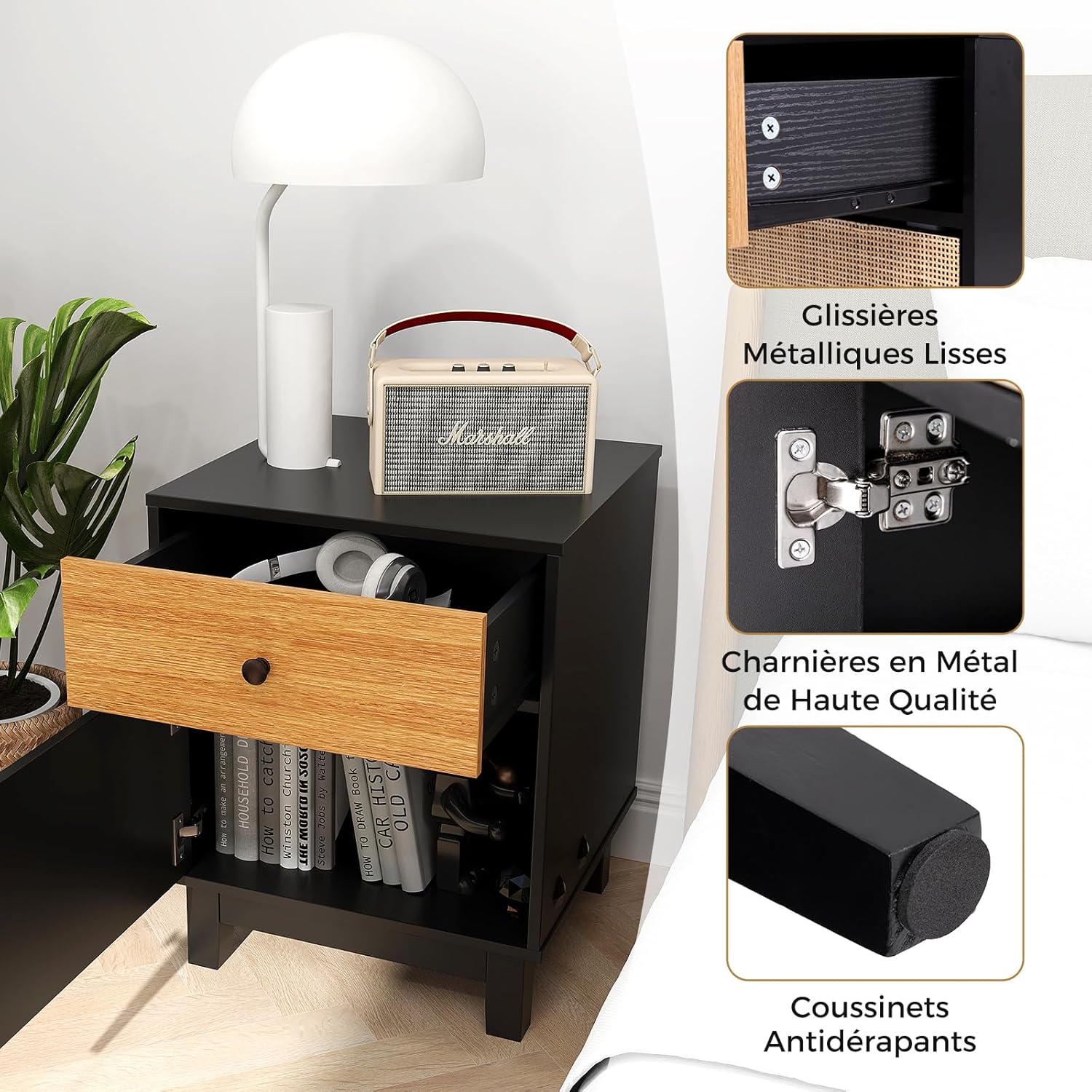 Comodino in Rattan 40 x 39 x 55 cm, Mobile Moderno con Cassetto, Armadietto e Gambe in Legno Massello, Tavolino in Stile Boemia per Camera da - 7