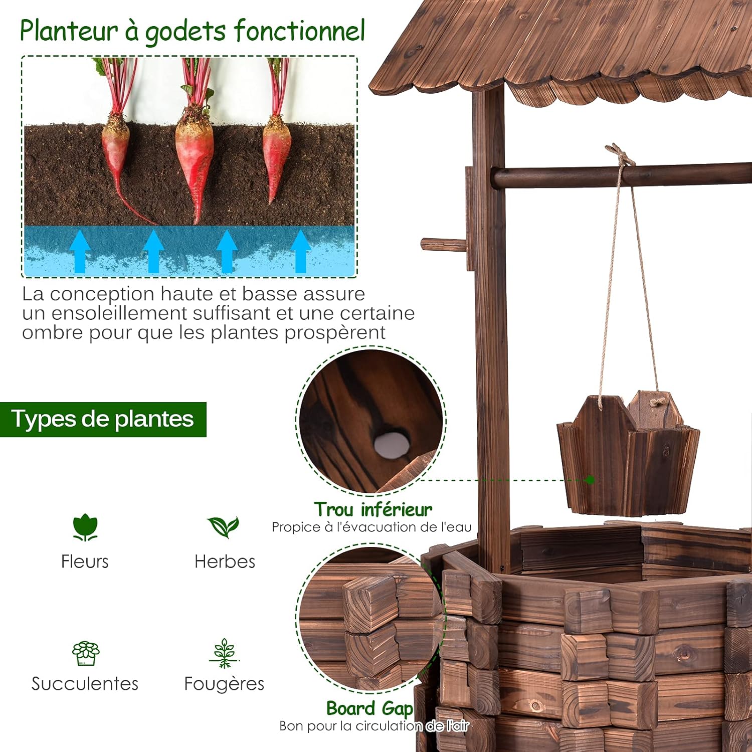 Pozzo Decorativo da Giardino, Fioriera in Legno d'Abete con Pozzo, Secchio e Tetto, Resistente alle Intemperie, Effetto Invecchiamento,57 x 57 x 114cm - 5