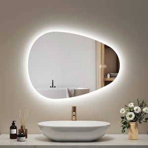 EMKE Miroir Salle de Bain avec Éclairage, 70 x 50 cm, Miroir LED Asymétrique, Interrupteur Tactile, 3 Couleurs de Lumière Réglables, Miroir Anti-Buée