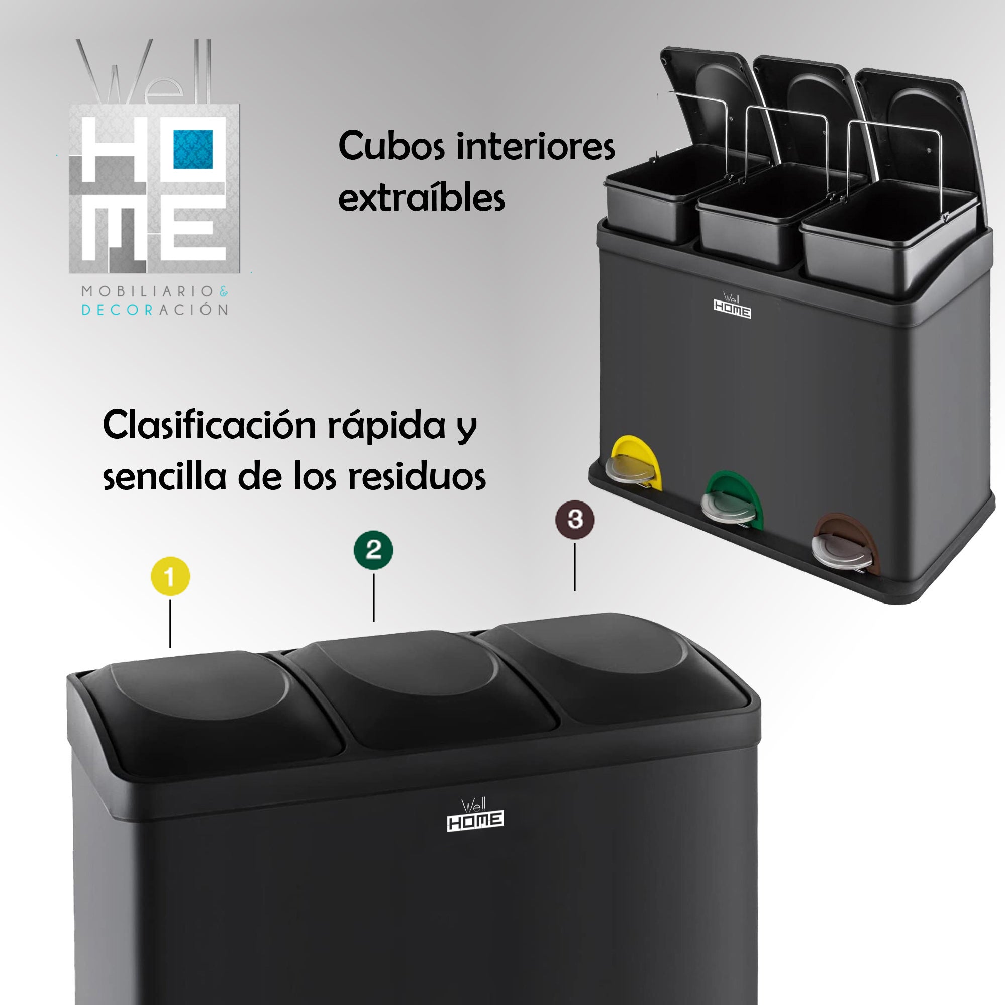 Cubo de reciclagem ecológica 45 litros de 3 compartimentos, cubos de reciclagem / reciclagem de lixo, grande capacidade, papel, vidro e plástico - 3