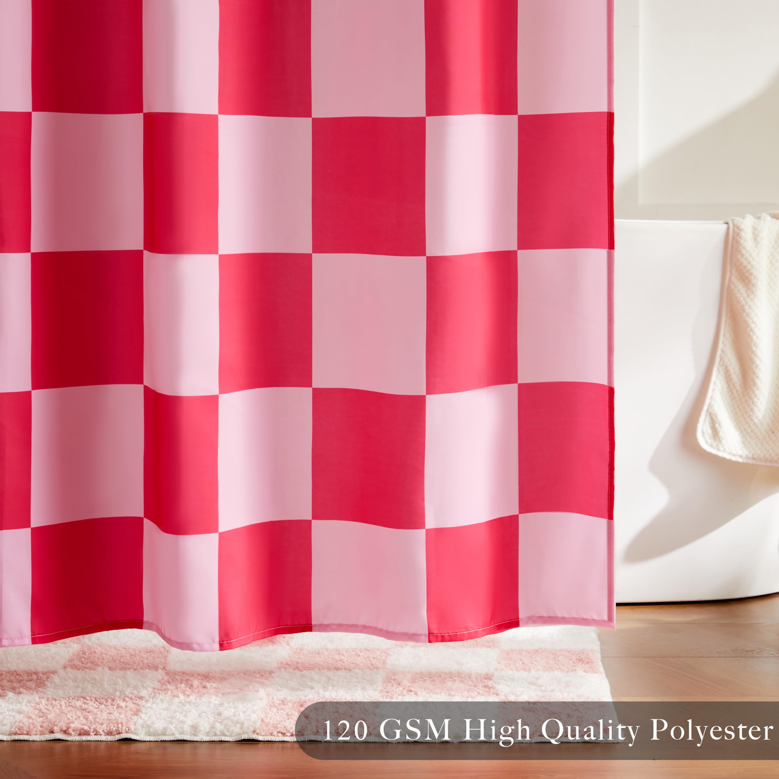 Rideau de douche en treillis pour salle de bain, lavable en machine, joli rideau de douche rétro en damier, 180 x 180 cm, rose rouge - 4