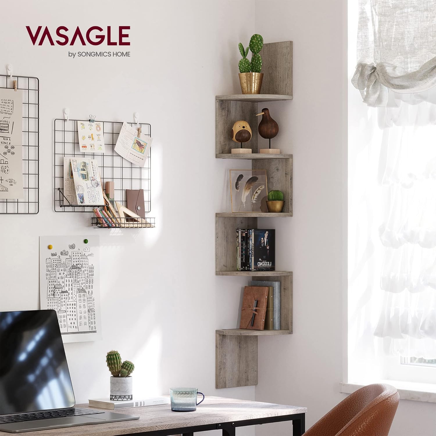 EstanterÍa de Esquina en Pared, EstanterÍa Esquinera de 5 Niveles, Estanteria Libros, para Dormitorio, Sala de Estar, BaÑo, Oficina en Casa, Greige - 3