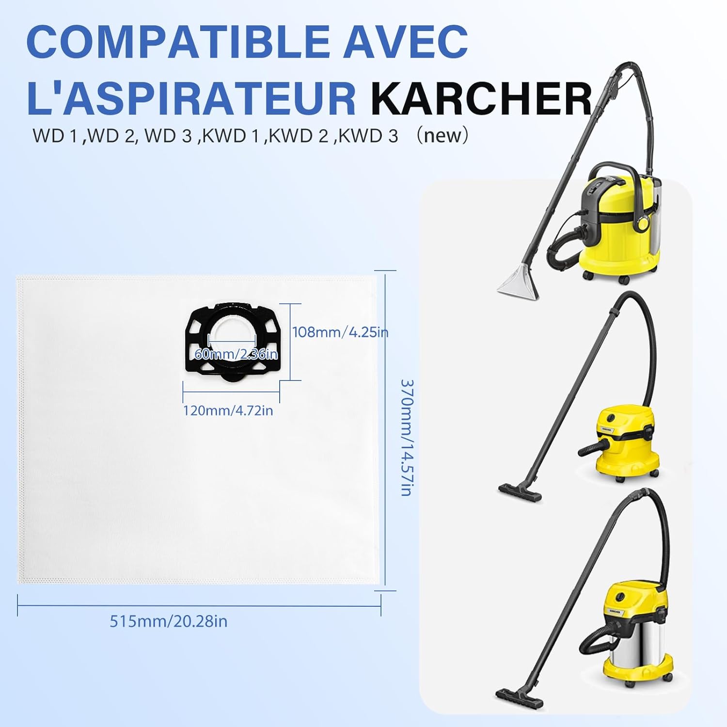 12 sacs d'aspirateur KFI 357 pour Kärcher KWD1, KWD2, KWD3,WD2 Plus, WD3,SE 4001, SE 4002,SE 4, SE 4 Plus Aspirateur, 2.863-314.0 - 3