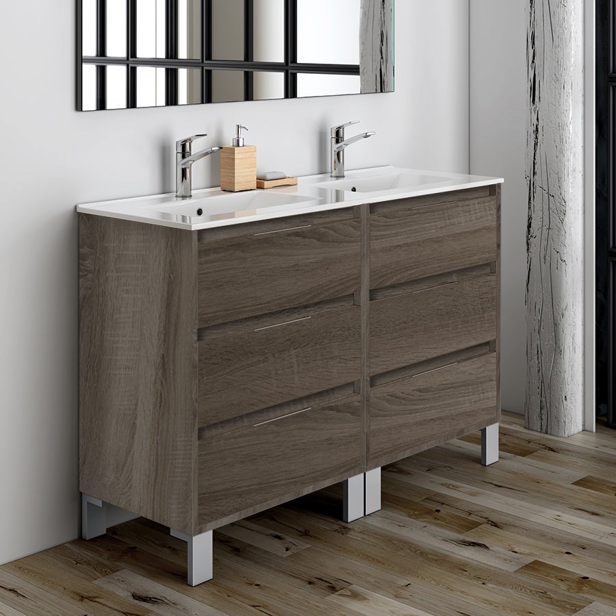 Meuble de salle de bain 120cm double vasque - 6 tiroirs - TIRIS 3C - britannia (chêne foncé) - 2