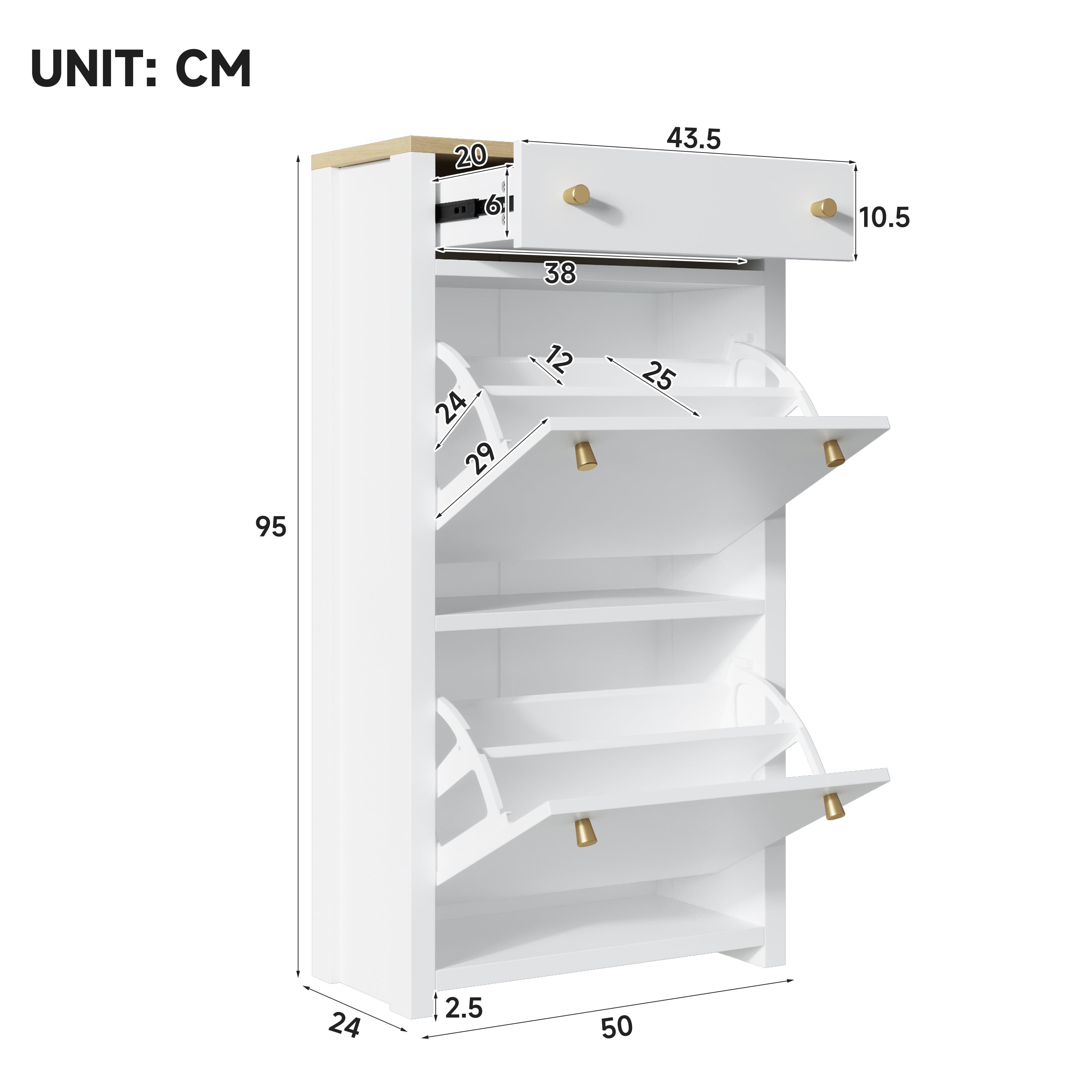Szafka na buty z 2 drzwiami opuszczanymi, szufladą i regulowanymi półkami – MDF – 50 x 25 x 95 cm – imitacja białego drewna - 2