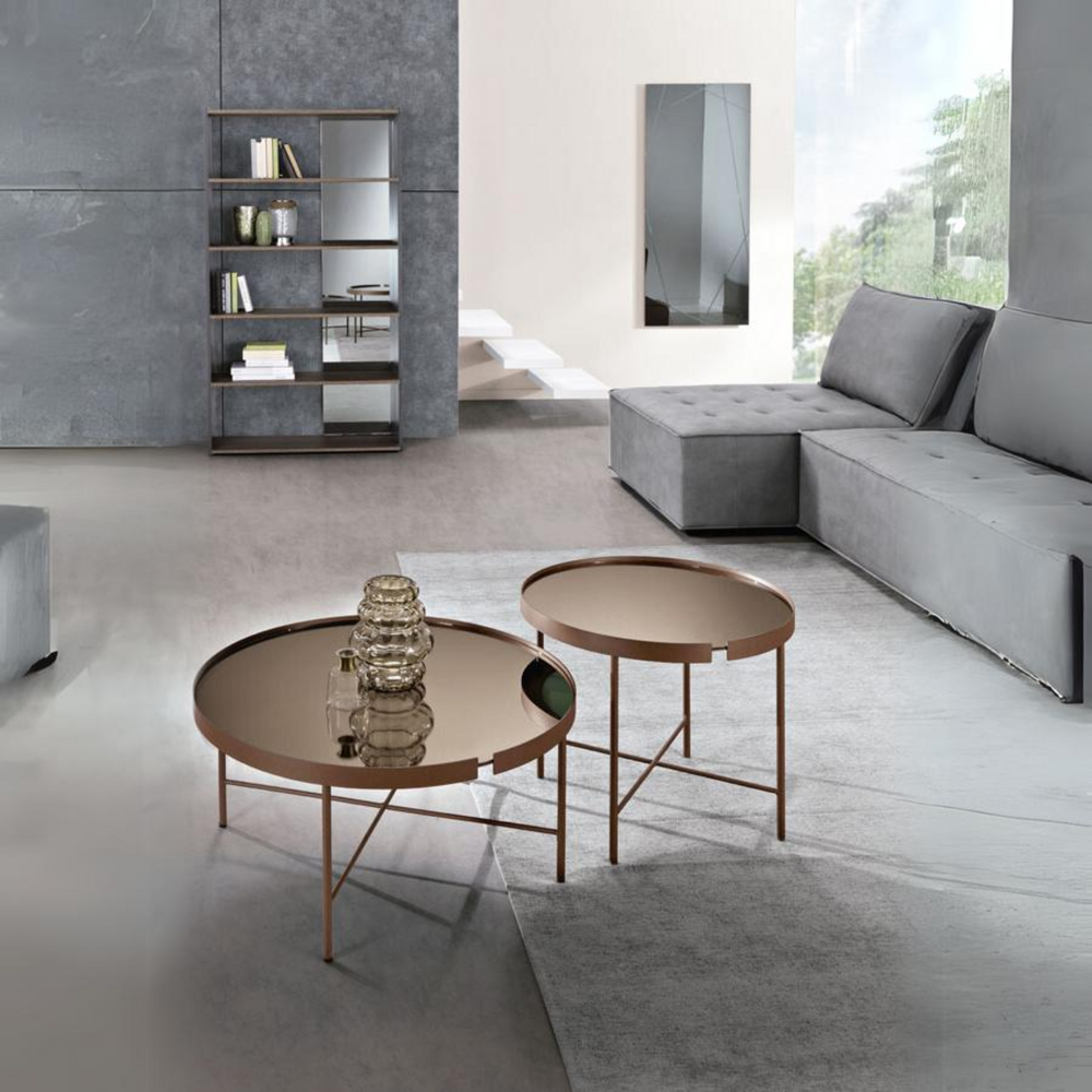 Tavolino Rotondo SHYFOY A Specchio Con Cornice Argento Vintage - 80x80x42 Cm, Piano In MDF, Stile Glamour Per Salotto