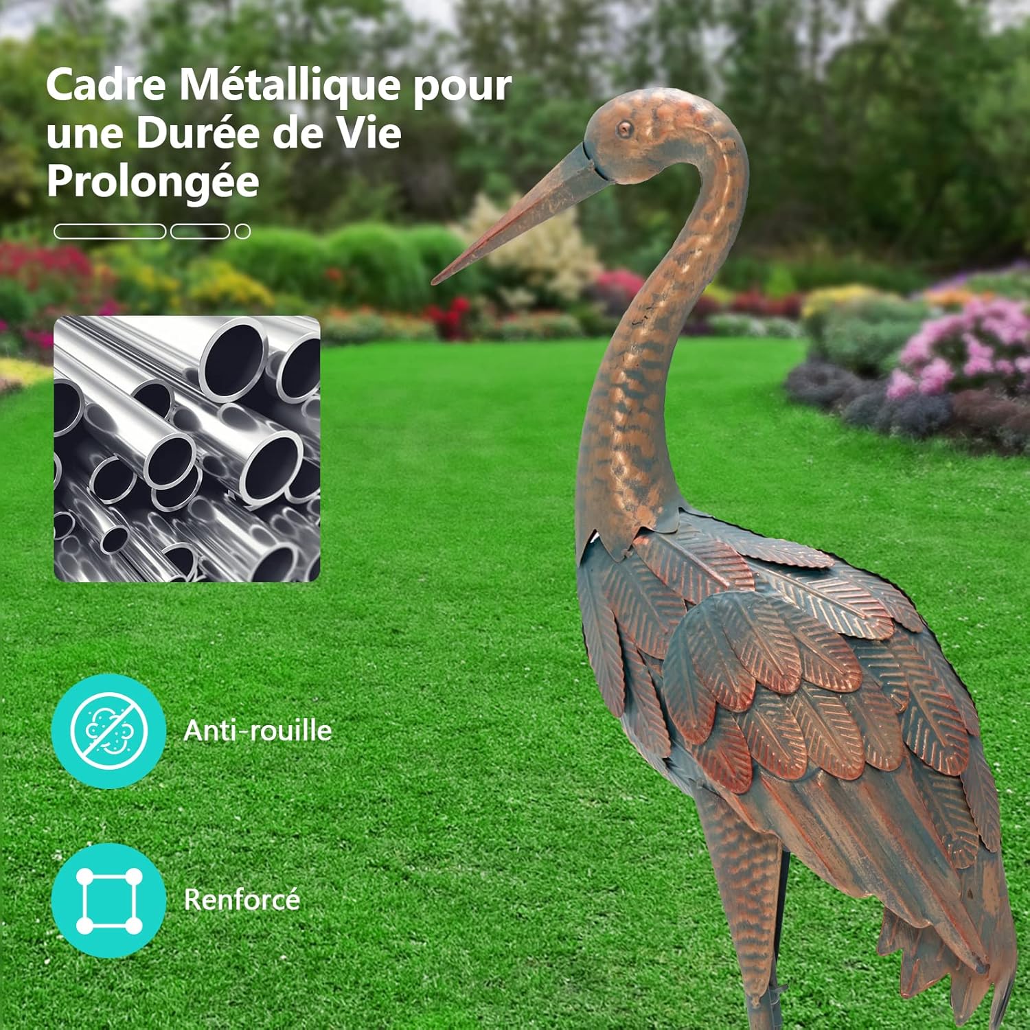 Statue de Grue Debout Lot de 2 pour Jardin Cadre en Métal Imperméable, Sculptures Extérieure Plumes de Couleur Dégradée Animaux Realiste - 7