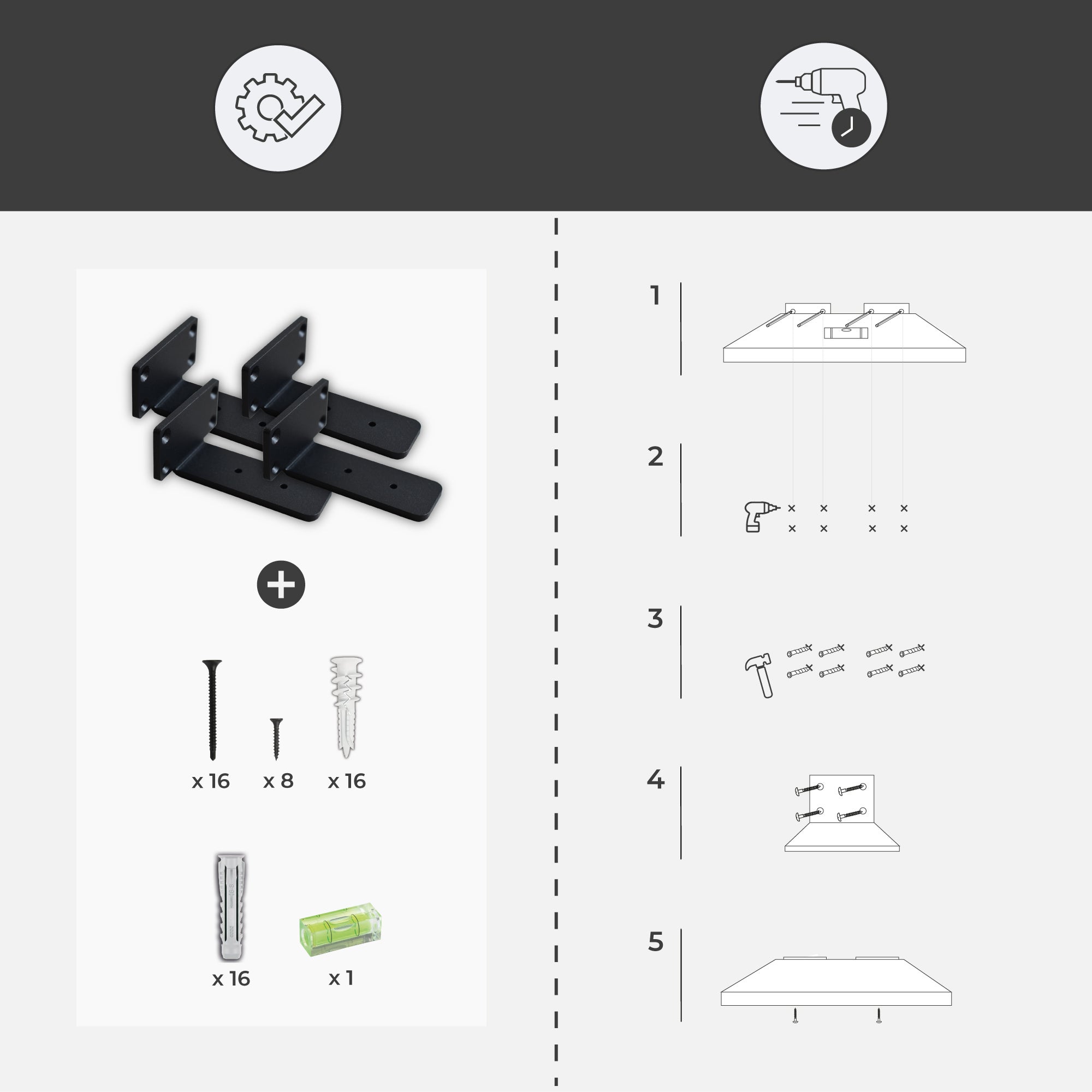 Pack 4 Équerres métalliques en angle 10 cm pour étagères en bois | Acier résistant 70 kg | Suport étagère fixation invisible, design industriel noir - 6