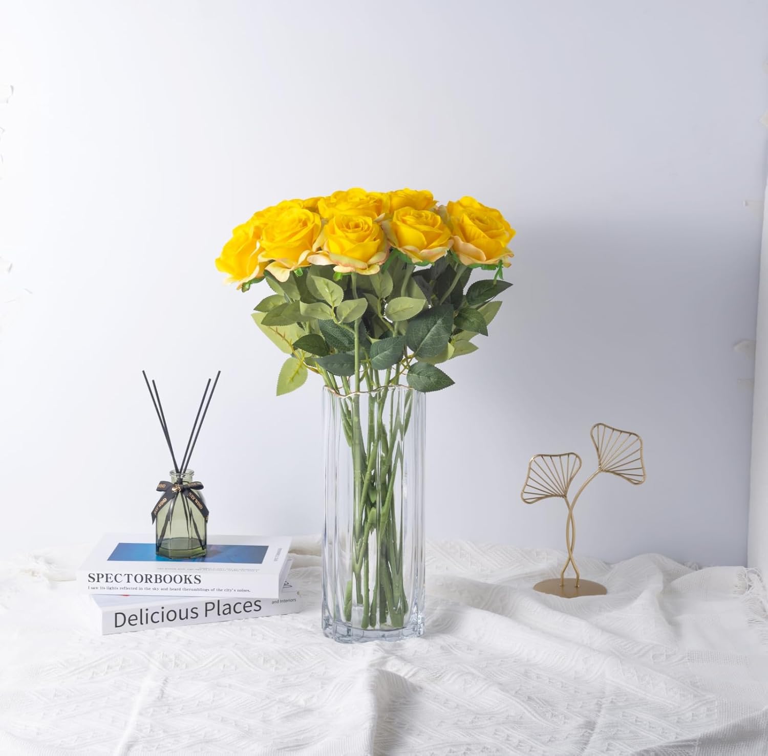 Lot de 10 roses artificielles en soie à longue tige pour bouquet de mariage, centre de table ou décoration d'intérieur (jaune) - 3