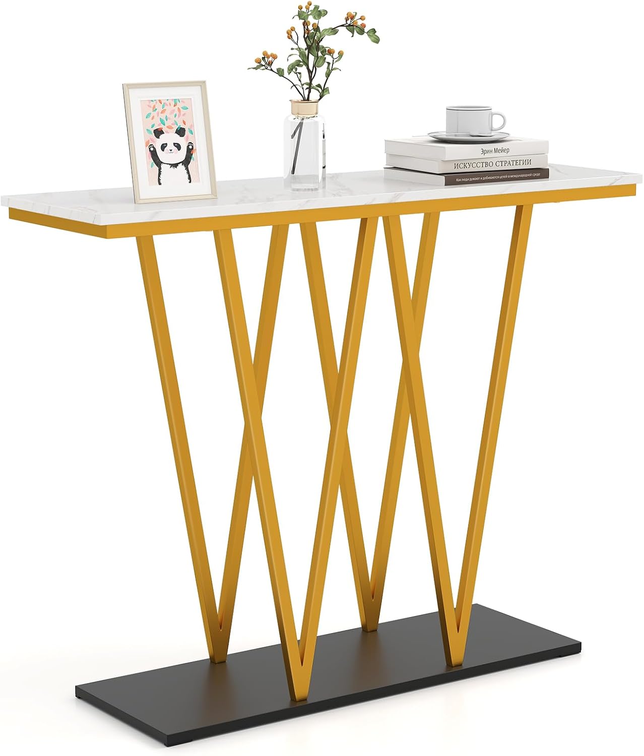 Stolik Konsolowy z Blatem z Imitacji Marmuru, Bardzo Długi Stolik do Przedpokoju o Długości 100 cm z Solidną Metalową Konstrukcją, Stolik do Kanapy