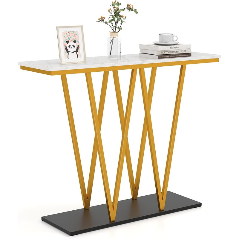 Stolik Konsolowy z Blatem z Imitacji Marmuru, Bardzo Długi Stolik do Przedpokoju o Długości 100 cm z Solidną Metalową Konstrukcją, Stolik do Kanapy