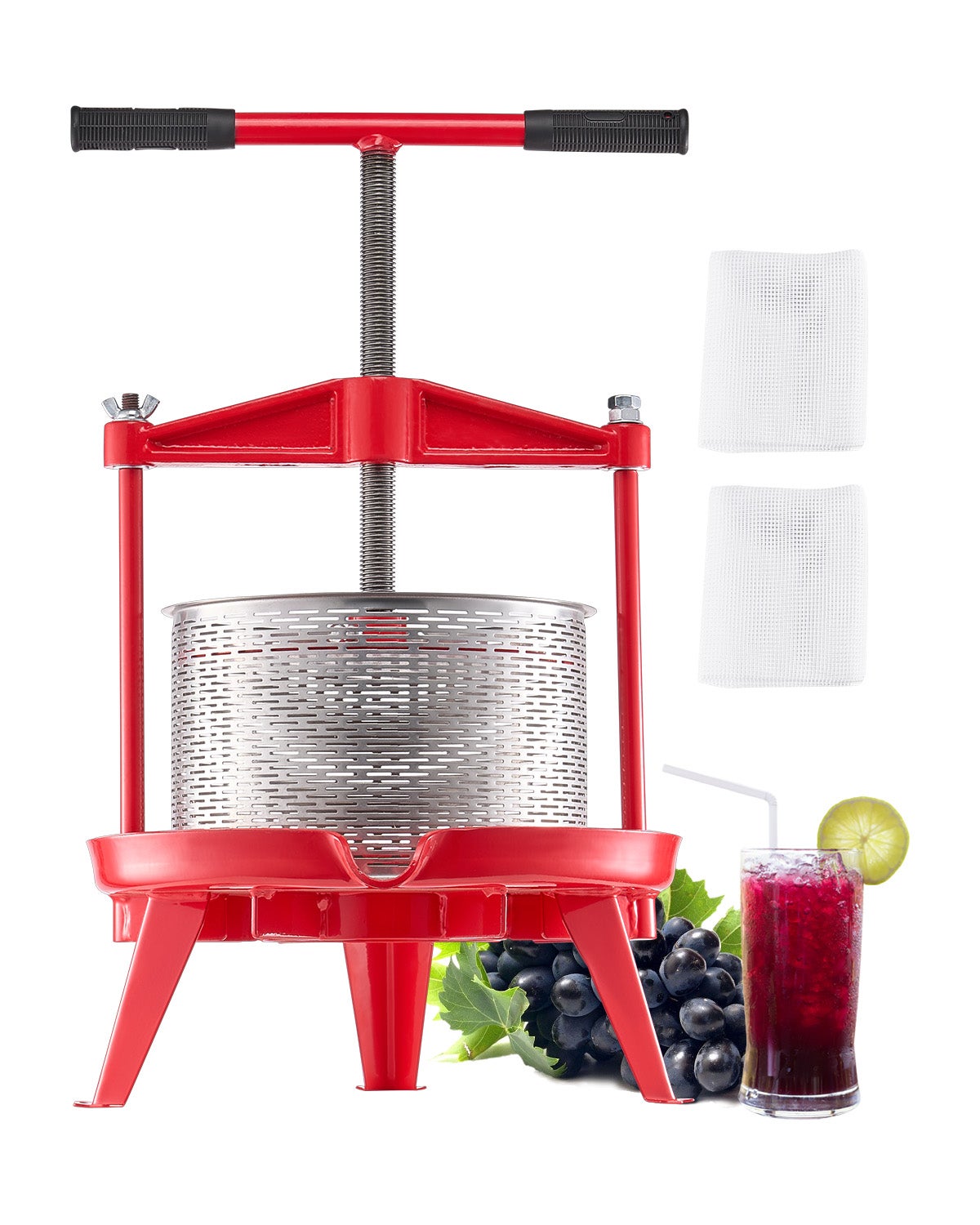 Prensa de frutas manual 9 l,vevor prensa de vino acero inox,mango en t,estructura triangular,prensa de jugo,uva,sidra,cocina,rojo