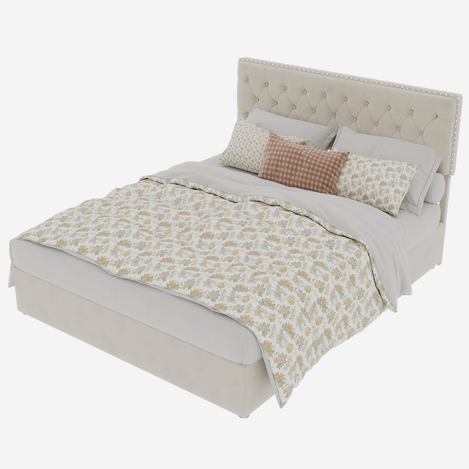 Letto contenitore matrimoniale 140x200 cm, doghe in legno, testiera, velluto beige, senza materasso - 8