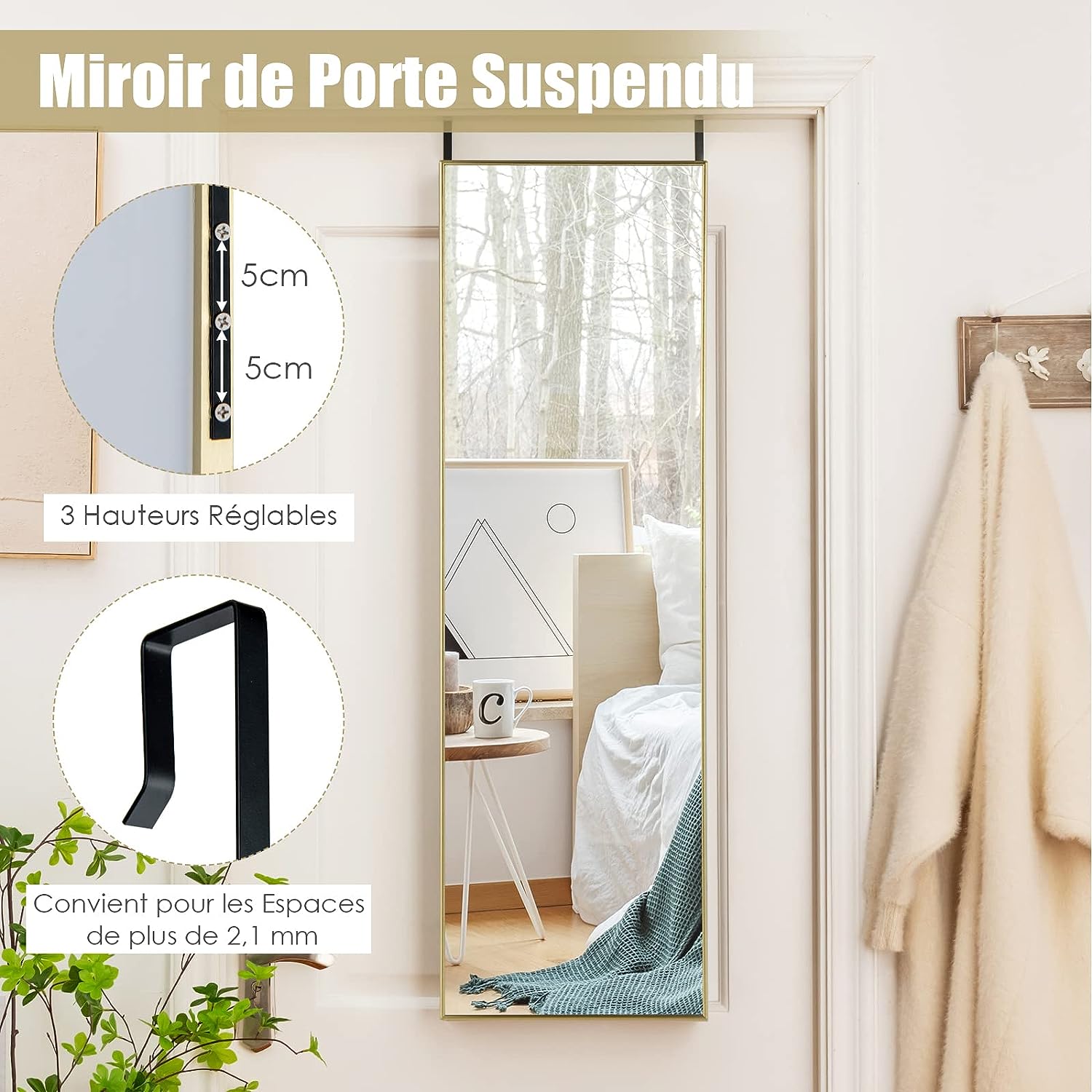 Miroir Mural-Miroir à Suspendre sur Porte, 120 x 37 CM, Or - 5
