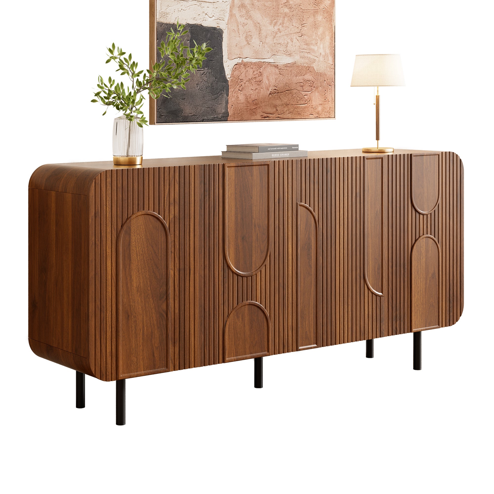 Buffet avec 4 portes et étagères réglables - 160 x 40 x 79 cm - MDF et panneaux de particules - Pieds en métal - Design mid-century - Noyer - 2