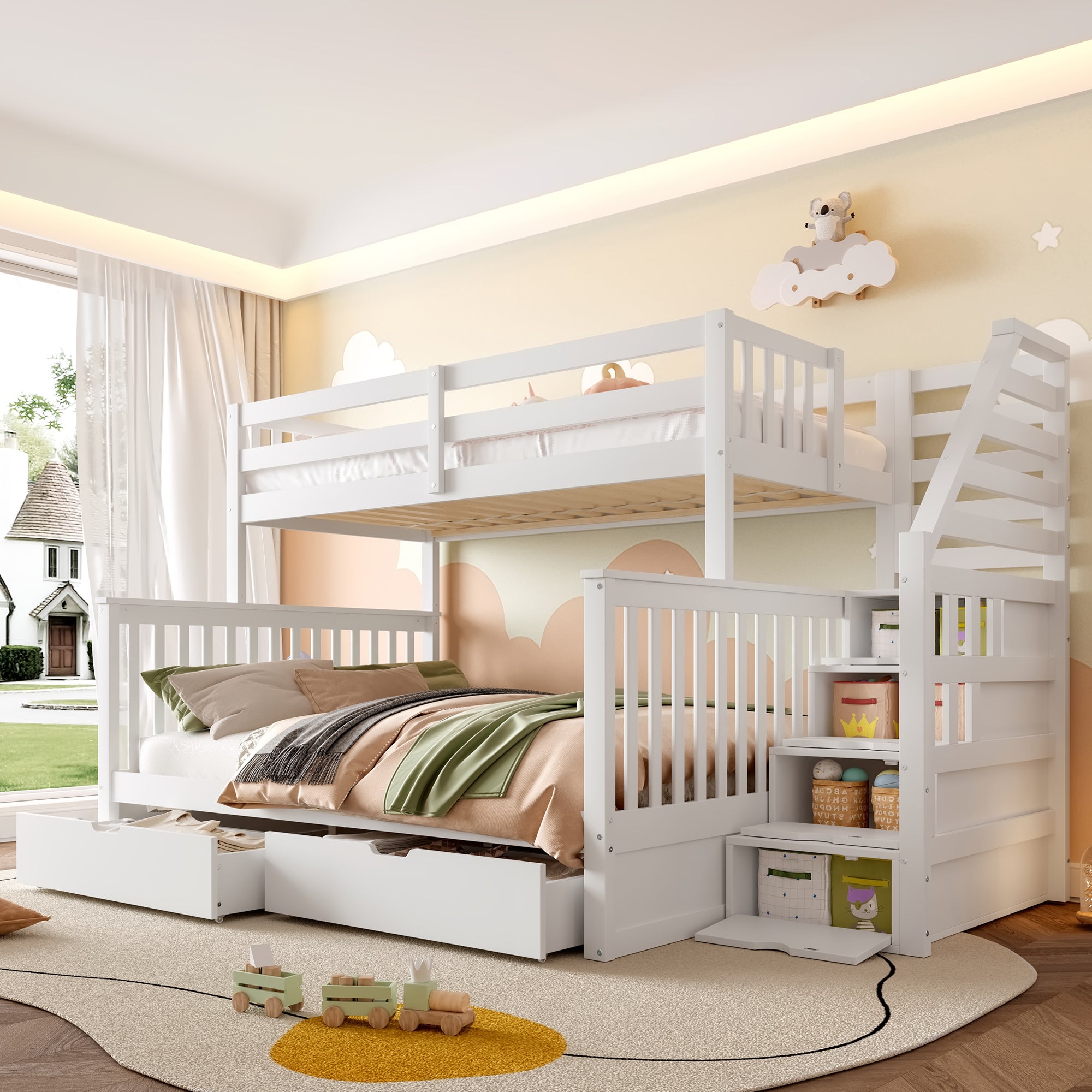 Lit superposé enfant 90x200cm et 140x200cm avec 2 tiroirs et un escalier de rangement, bois, blanc - 3