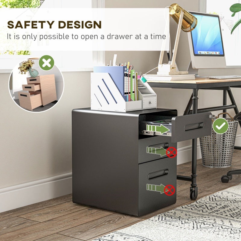 Armoire de rangement mobile à trois tiroirs, classeur mobile à roulettes, armoire de bureau verrouillable, dimensions : 39 x 48 x 59 cm, noir - 3