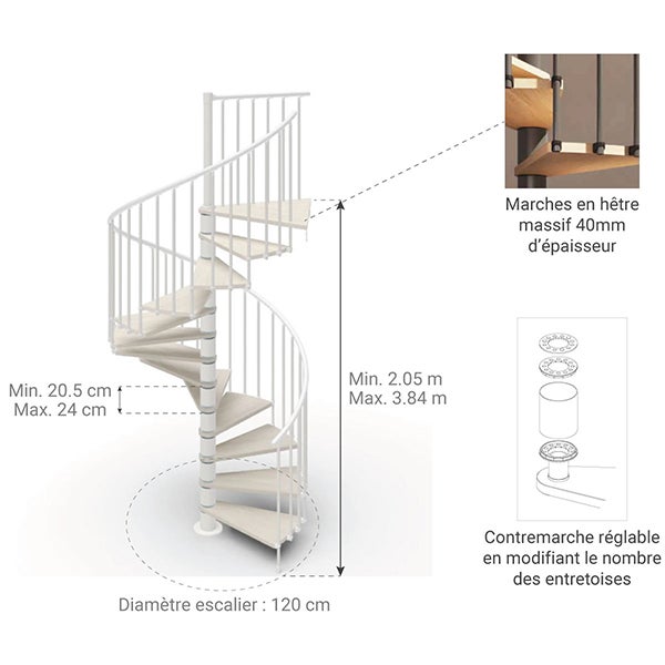 Escalier colimaçon 10 marches - Haut. à franchir 2.05 à 2.40m - Diam. 120cm - Trémie ronde - Struct. blanche / marches blanchi - PHOLA120/SBMBLA-10 - 2