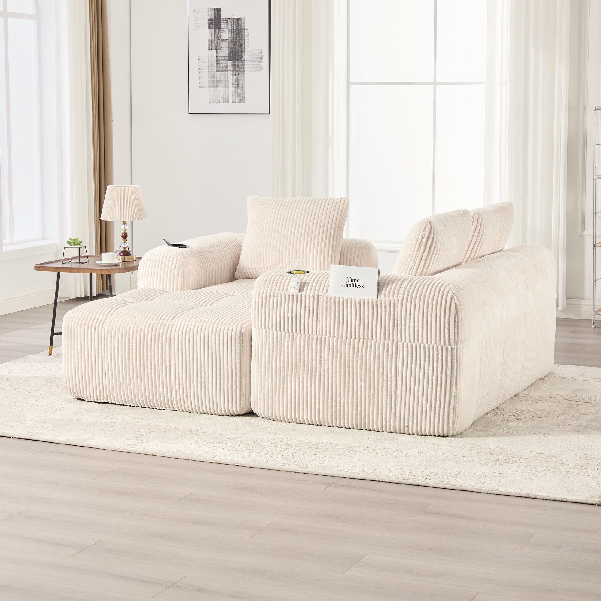 Canapé modulable 253x158x61cm en velours côtelé, Coffre de rangement latéral et porte-gobelets, 3 coussins inclus, Confort gain de place, Beige - 5