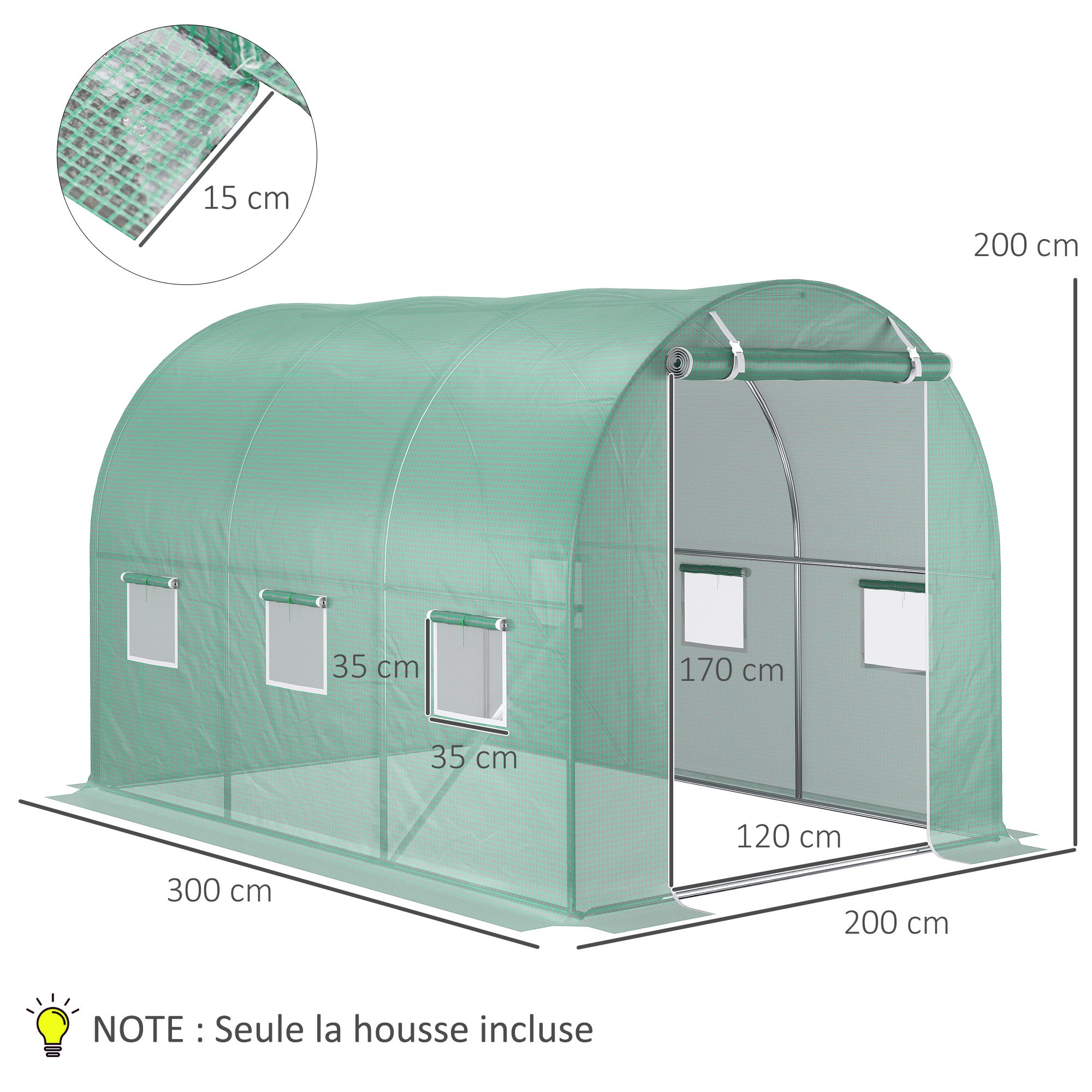 Bâche de Rechange Serre Tunnel 6 m², bâche 3 x 2 x 2 m PE Anti-UV imperméable 6 fenêtres + Porte Enroulable zippée Vert - 5
