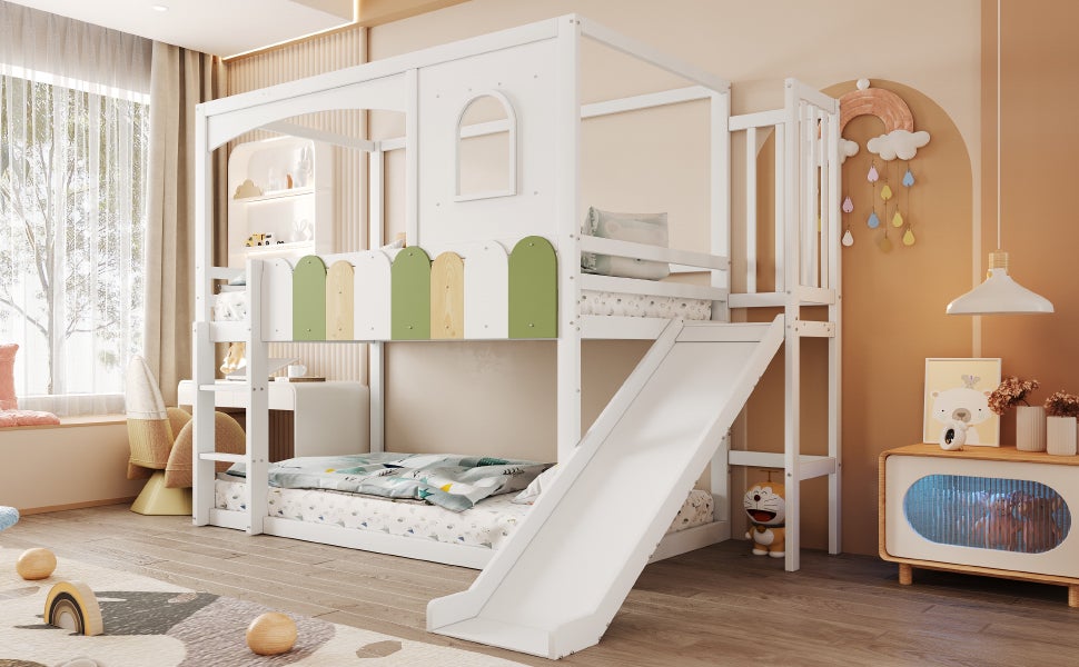 Łóżka piętrowe 2 x 90 x 200 cm ze zjeżdżalnią, barierkami i oknem - sosna + sklejka + płyta MDF - białe (materace nie są wliczone w cenę) - 4