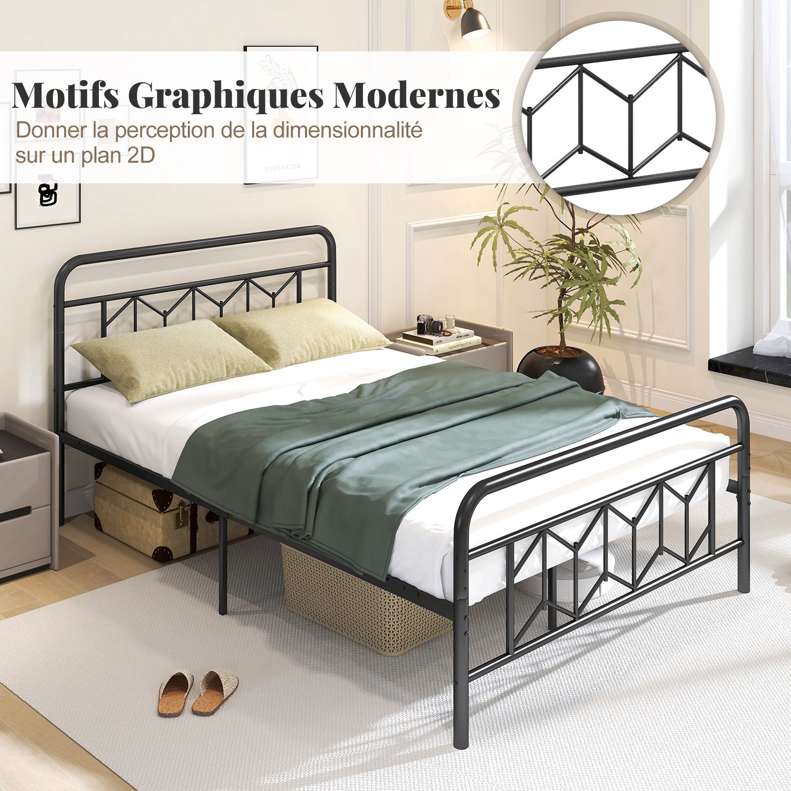 qimamo Telaio per letto matrimoniale alto 50 cm, piattaforma in metallo con spazio sottostante, doghe in acciaio robusto, silenzioso, facile da montare, senza bisogno di molle, nero
