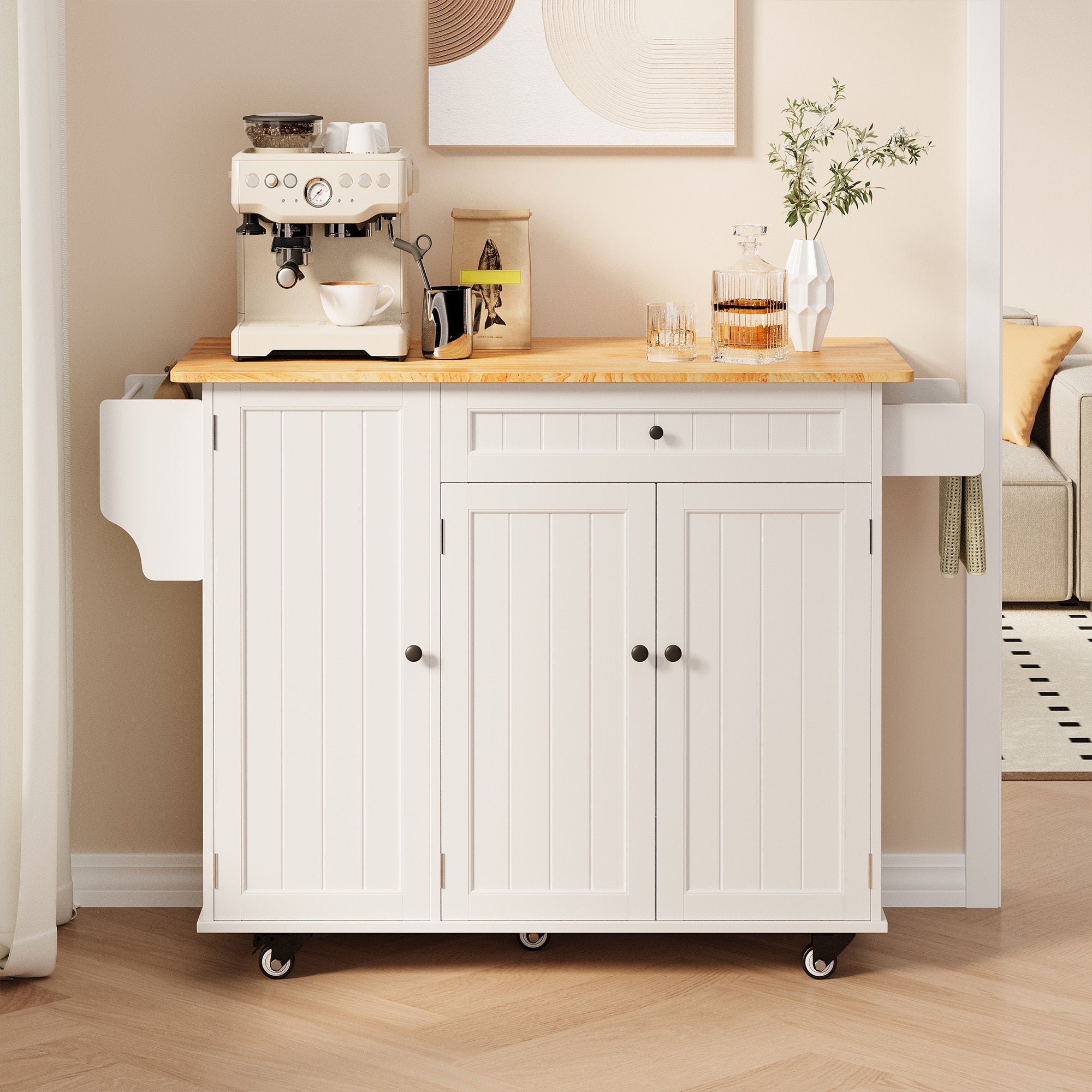 Ilha de cozinha móvel com 3 portas e 1 gaveta, tampo extensível 130x45(75)x88 cm, MDF branco e natural, Bealife - 2