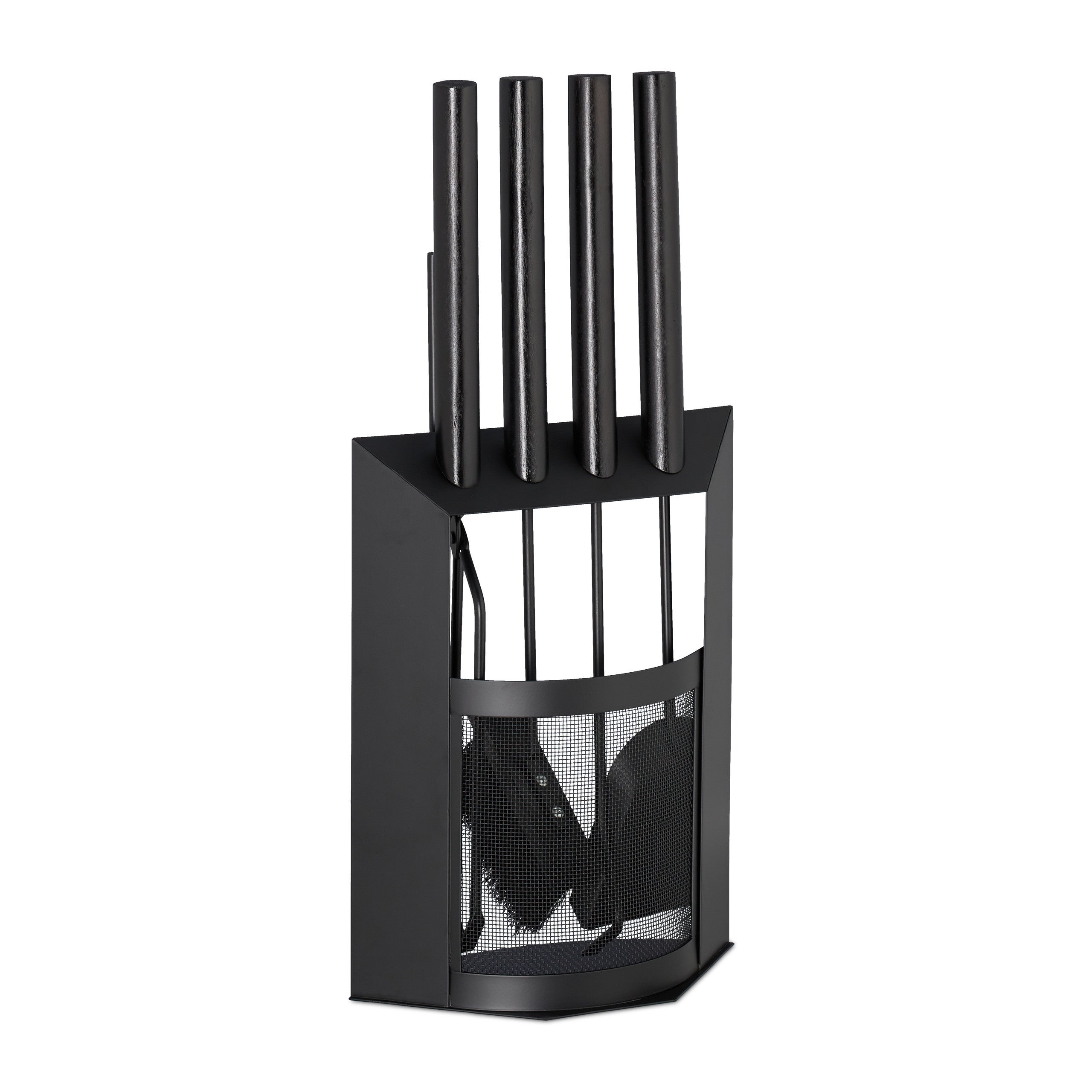 Set 5 Accessori Per Camino Moderno – Paletta, Scopetta, Pinza, Attizzatoio E Porta Attrezzi In Acciaio Inox, Grigio-argento