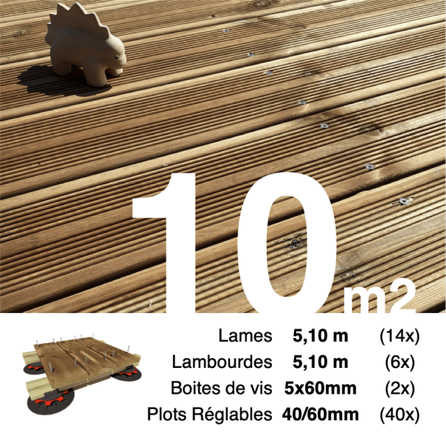 Kit complet terrasse Pin autoclave Marron pour 10 m² • Lames 5,1 m, lambourdes 5,1 m, plots réglables et visserie Inox