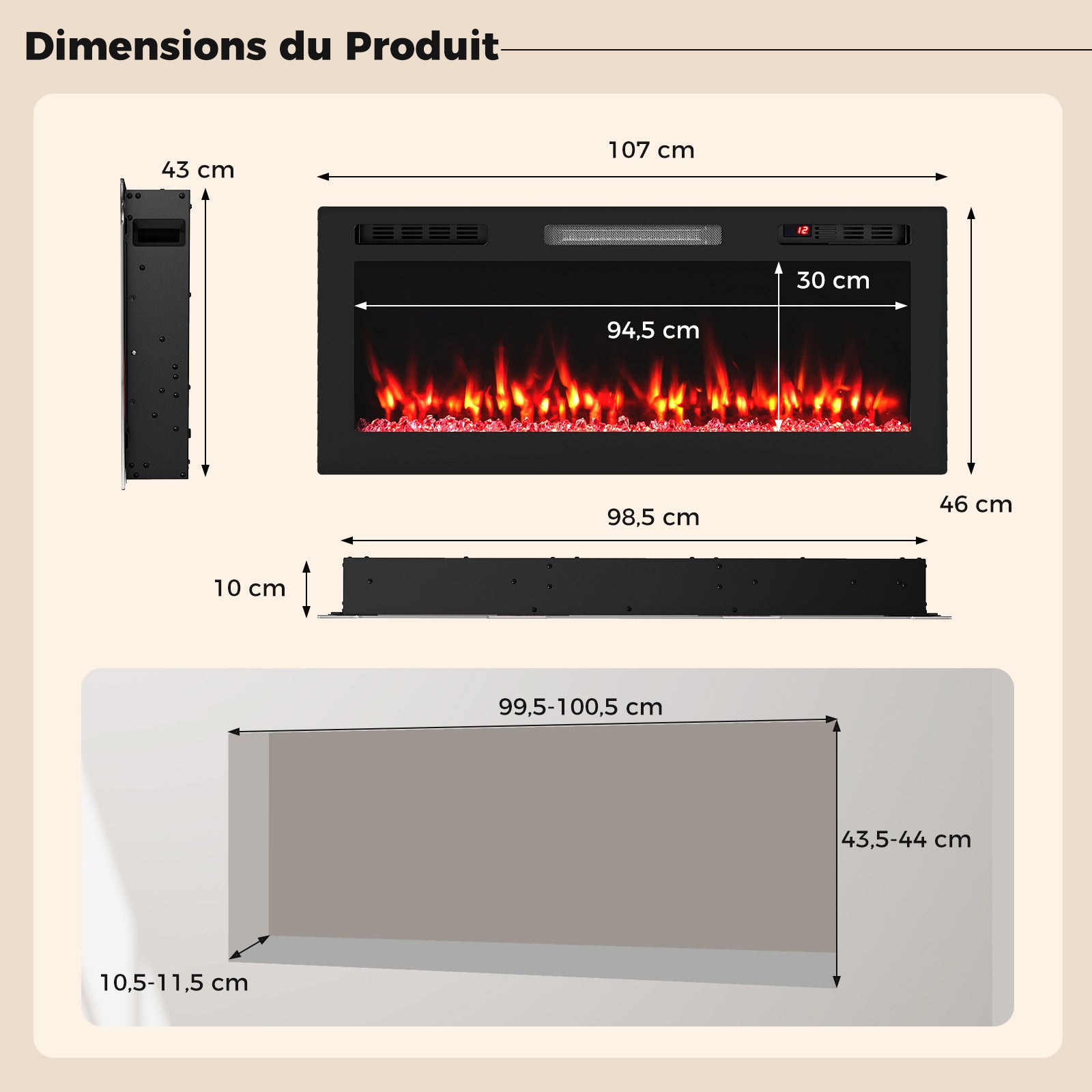 Cheminée Electrique avec Effet Flamme, Chauffage 750W/1500W avec Écran LED, 12 Couleurs de Flammes, Minuterie 12 H - 3