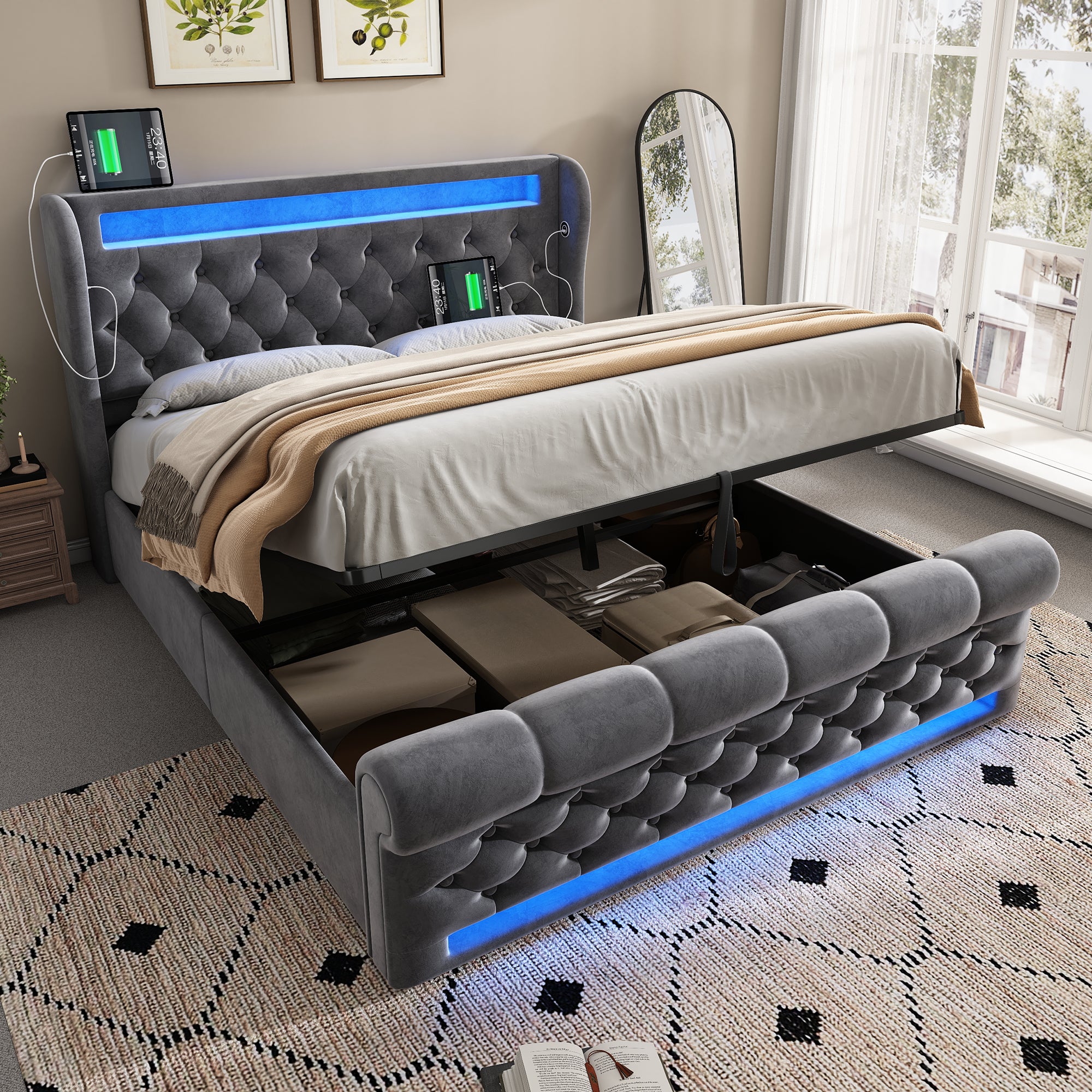 VICONELISE Letto Matrimoniale con Contenitore 140x200 cm con LED e USB Tipo C, Letto Imbottito con Vano Portaoggetti e Testiera, Letto Una Piazza e Mezza con Spazio e Rete a Doghe(Beige