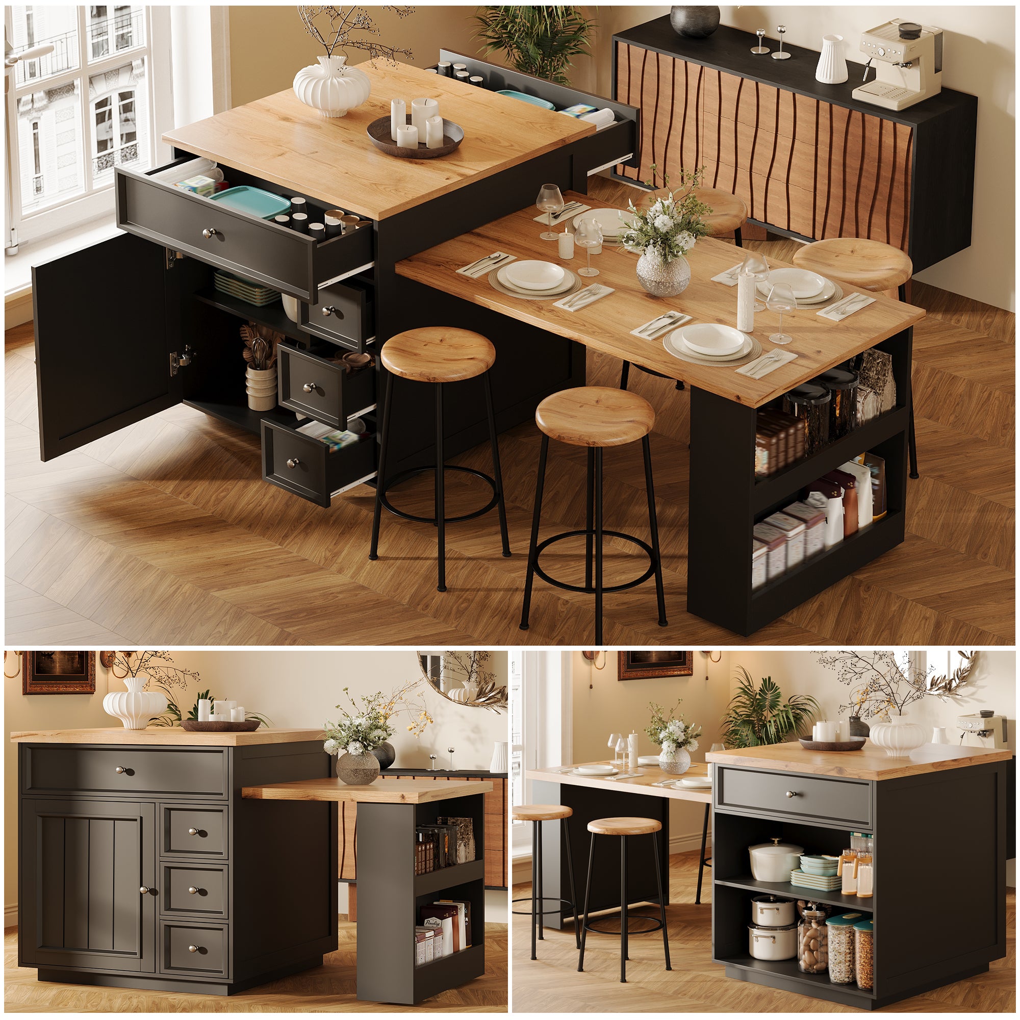 Îlot de cuisine extensible 120–184x70x94 cm avec tiroirs, plateau aspect bois, meuble mobile multifonction, cuisine et bar, noir - 8
