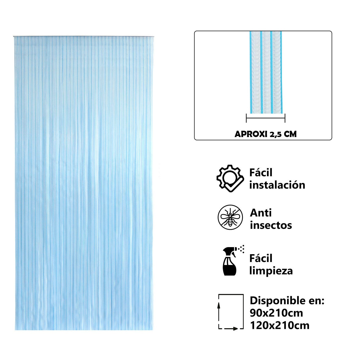 Aitsse- cortina de pvc para puerta exterior o interior con barra de aluminio (210x90cm, transparente+filo azul p6)