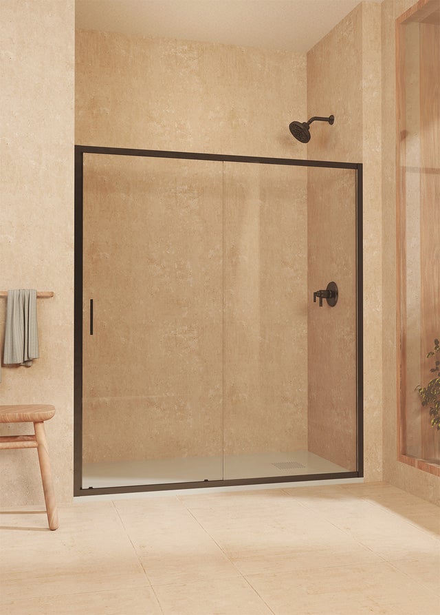 Mampara de ducha frontal corredera + fijo, con perfil inferior, Vidrio de seguridad 6mm antical, 113,5 a 118 cm x 195cm alto, REVERSIBLE, Negro