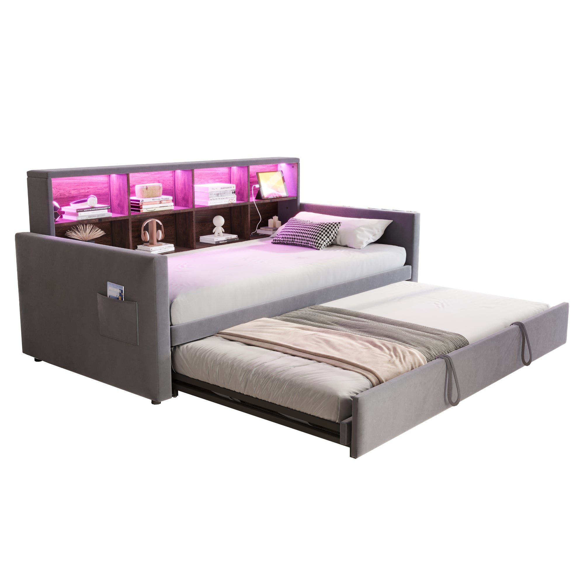 Rozkładana sofa z poduszkami 90x190cm - z oświetleniem LED - z gniazdem ładowania - z wysuwane łóżko - tkanina welurowa - Ciemnoszary - 6