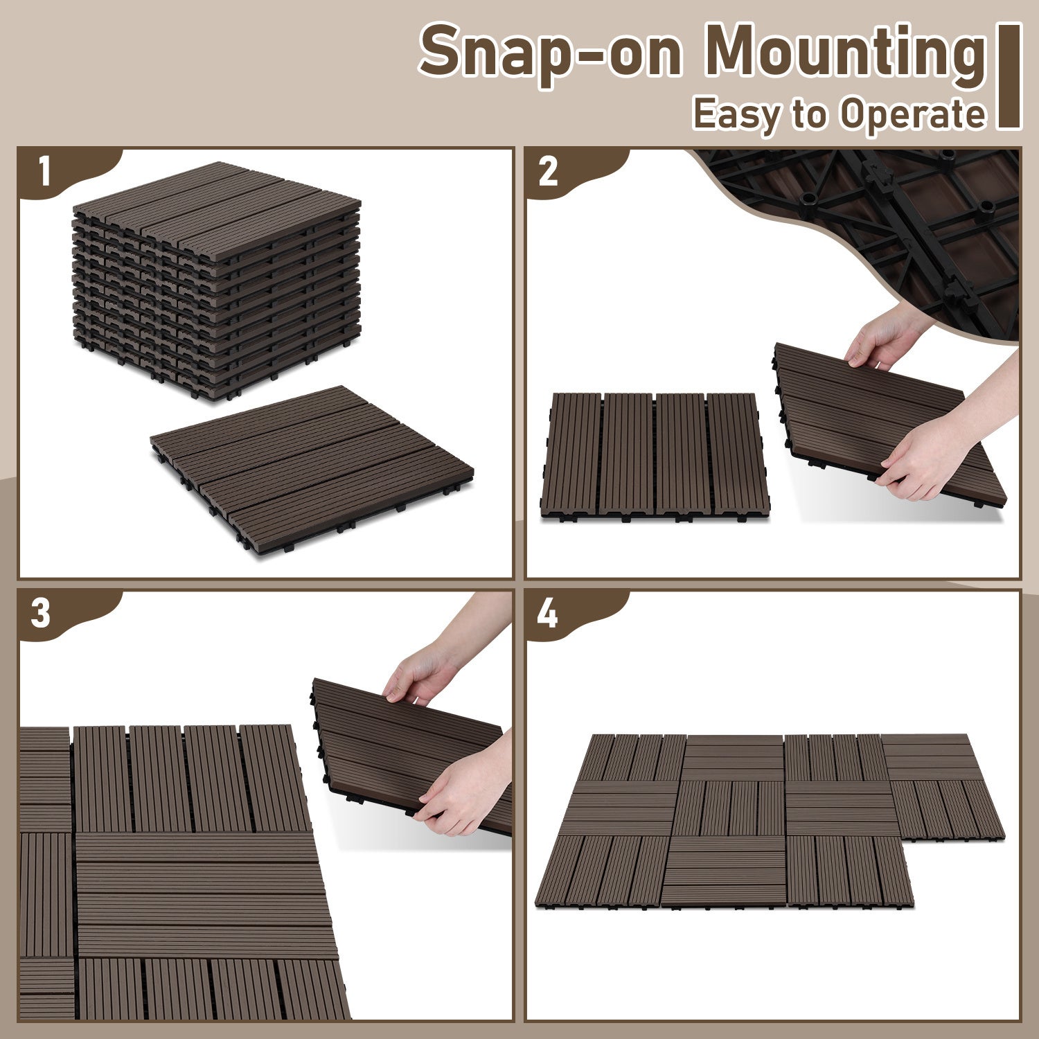 Lot de 99 dalles de Terrasse Clipsable 30 X 30 cm Revêtement Extérieur Pour Jardin Balcon Piscine Marron café - 4